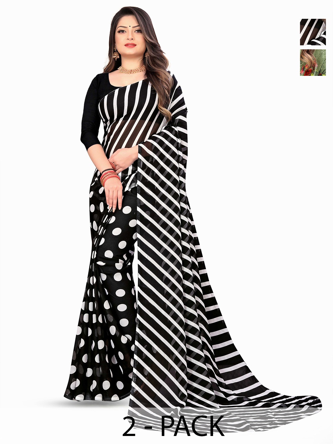 

ANAND SAREES Pack Of 2 Polka Dot Poly Georgette Saree With Blouse Piece, Black