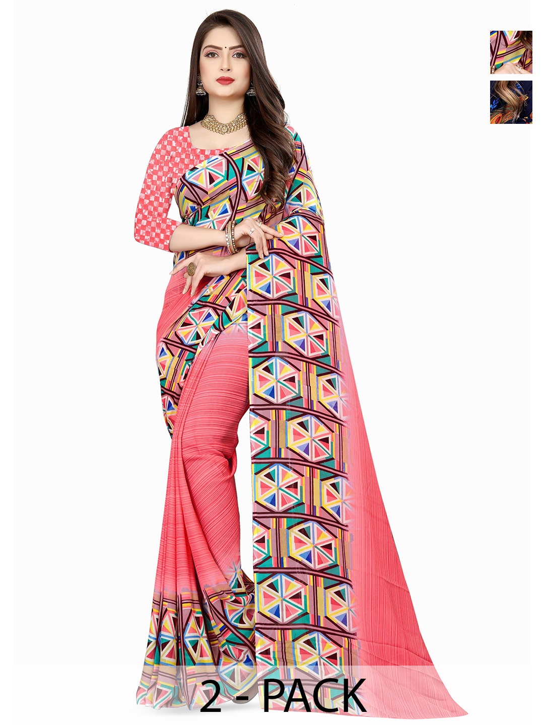 

ANAND SAREES Pack Of 2 Ethnic Motifs Saree, Pink