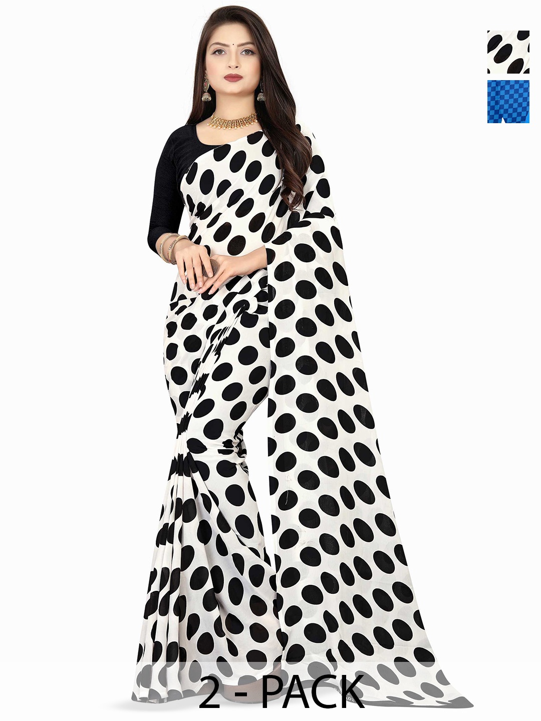 

ANAND SAREES Selection Of 2 Polka Dots Printed Saree, White