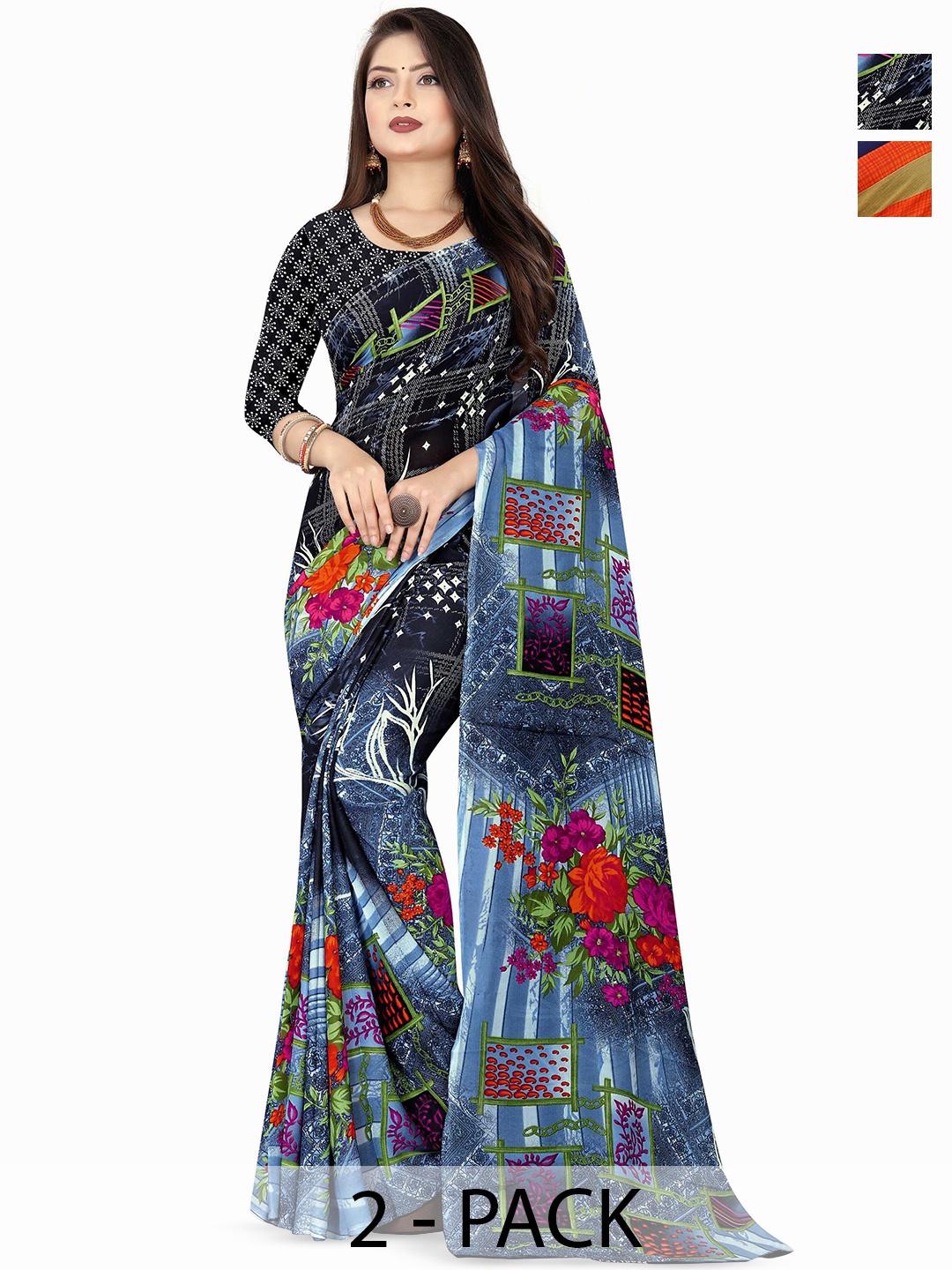 

ANAND SAREES Selection Of 2 Floral Printed Sarees, Blue