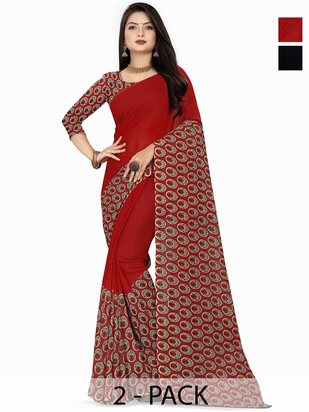 

ANAND SAREES Selection Of 2 Ethnic Motifs Printed Saree, Black