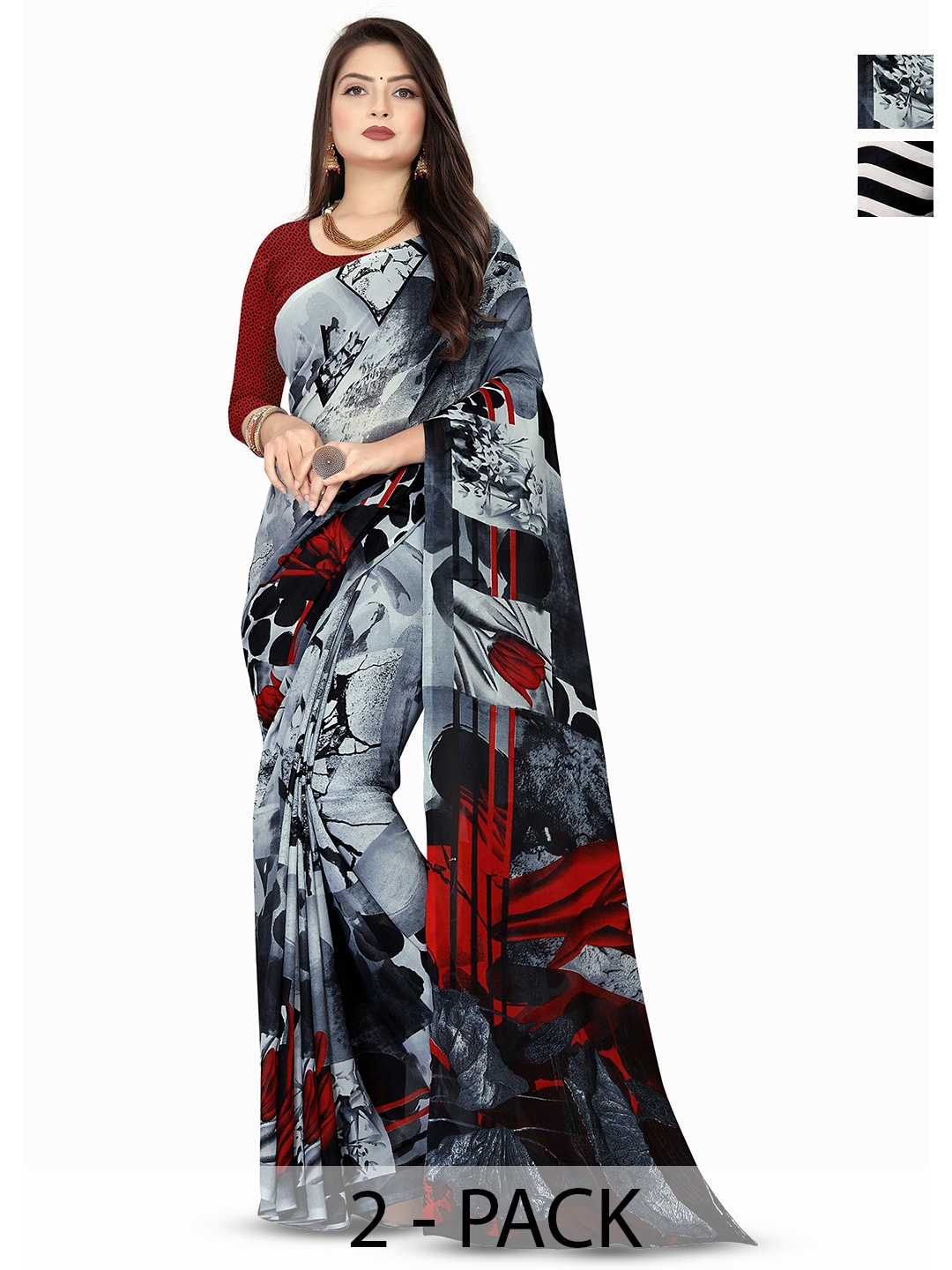 

ANAND SAREES Poly Georgette Saree Pack of 2, Grey