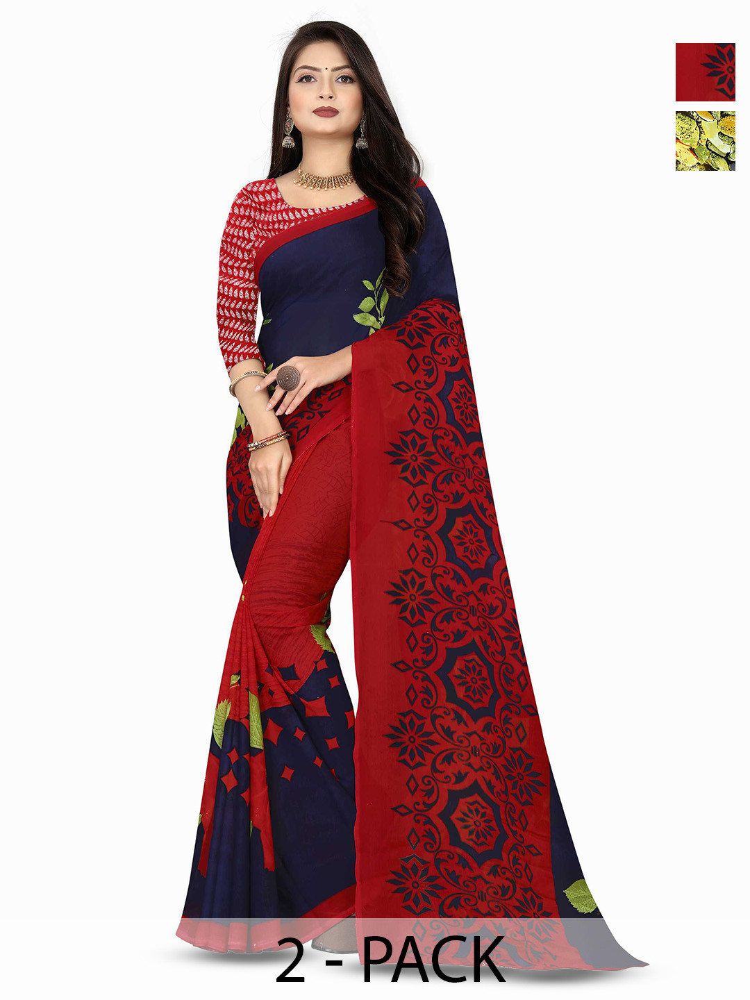

ANAND SAREES Selection of 2 Floral Printed Saree, Red