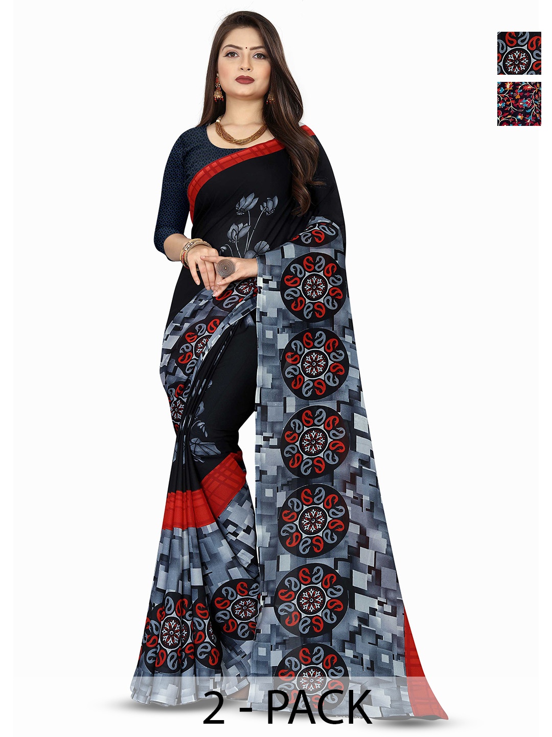 

ANAND SAREES Selection Of 2 Printed Sarees, Black