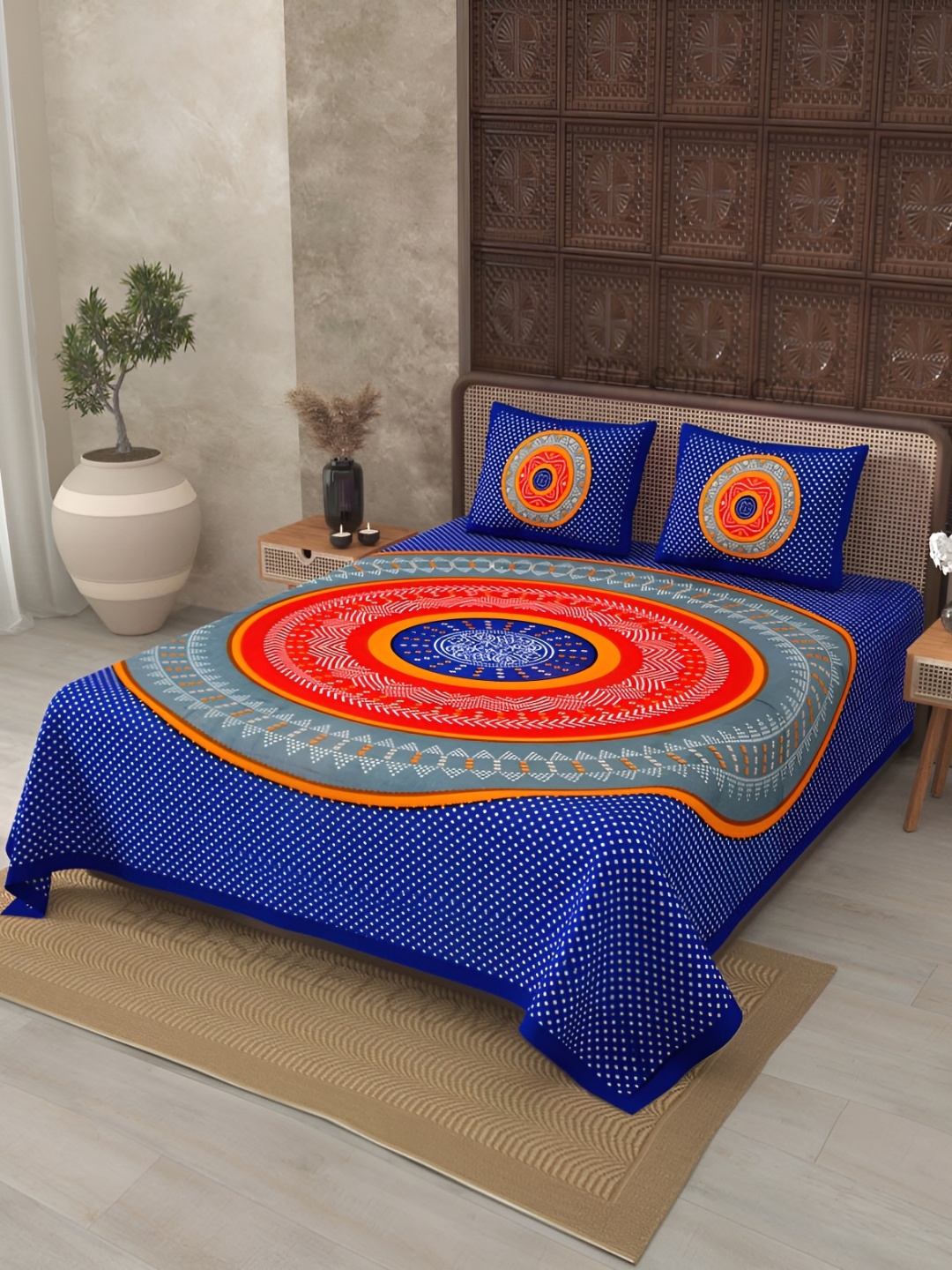 

JAIPUR FABRIC Blue & Orange Geometric 120 TC King Bedsheet With 2 Pillow Covers