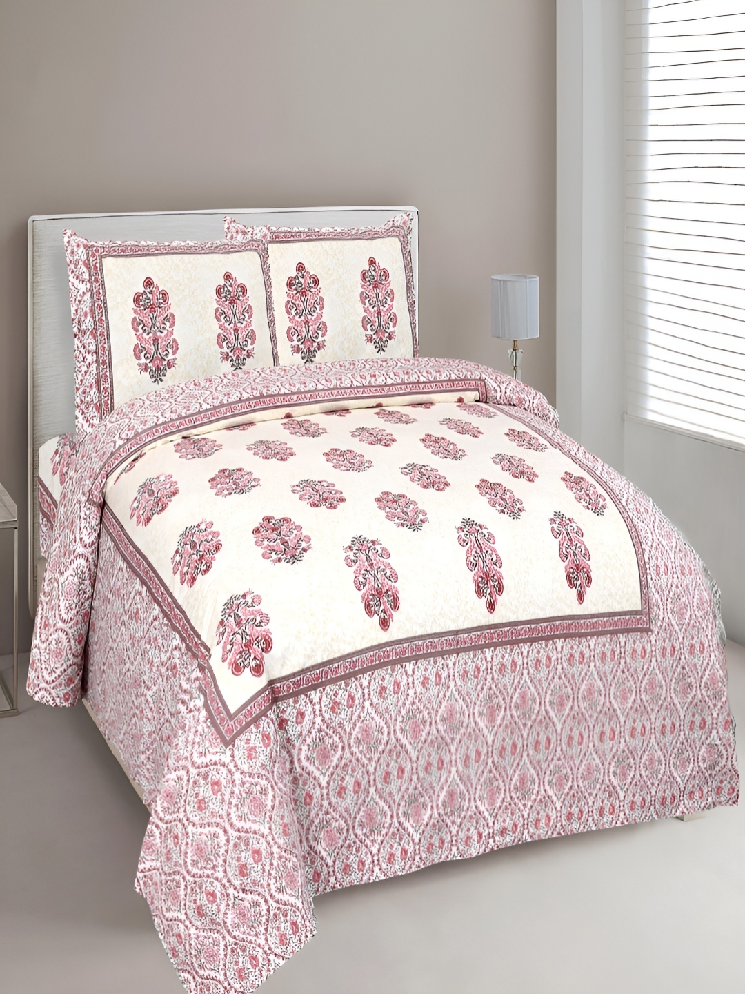 

JAIPUR FABRIC White & Pink Floral Cotton 210 TC King Bedsheet With 2 Pillow Covers