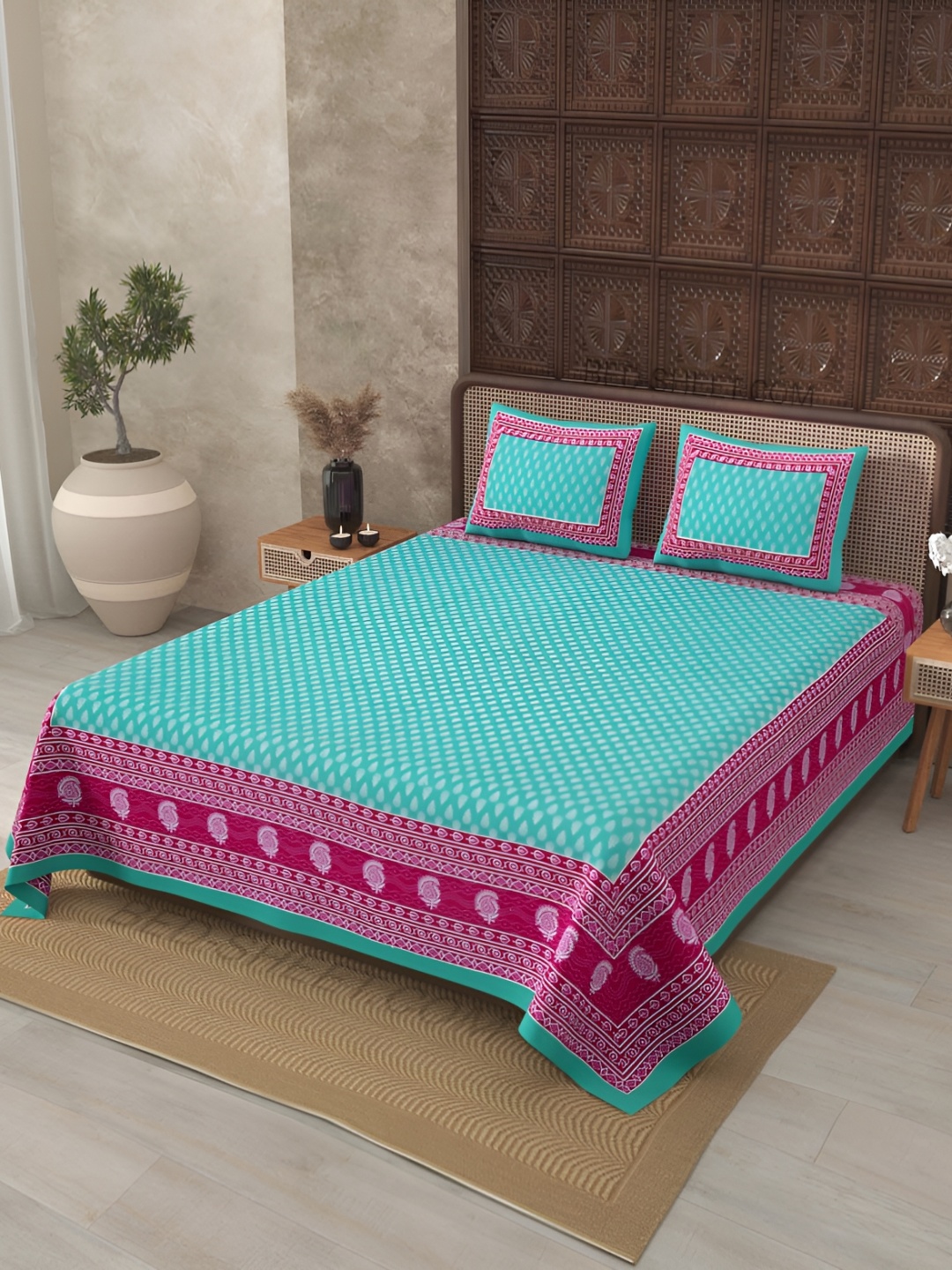 

JAIPUR FABRIC Blue & Purple Floral Cotton 120 TC King Bedsheet With 2 Pillow Covers