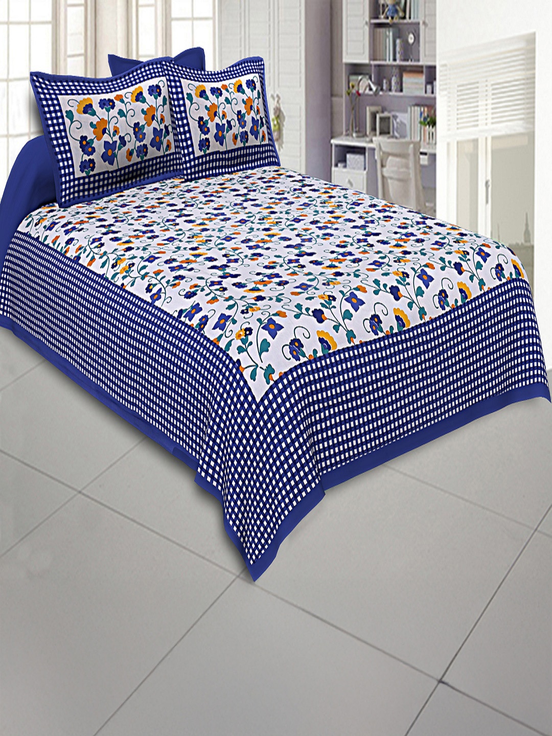 

JAIPUR FABRIC White & Blue Floral Cotton 120 TC King Bedsheet With 2 Pillow Covers