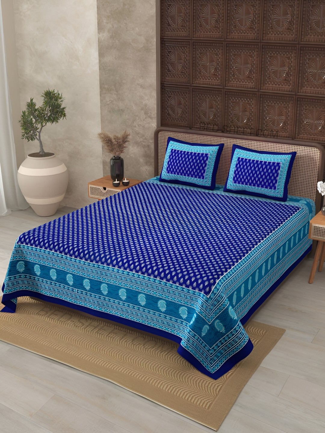 

JAIPUR FABRIC Blue & Ethnic Motifs Cotton 120 TC King Bedsheet With 2 Pillow Covers
