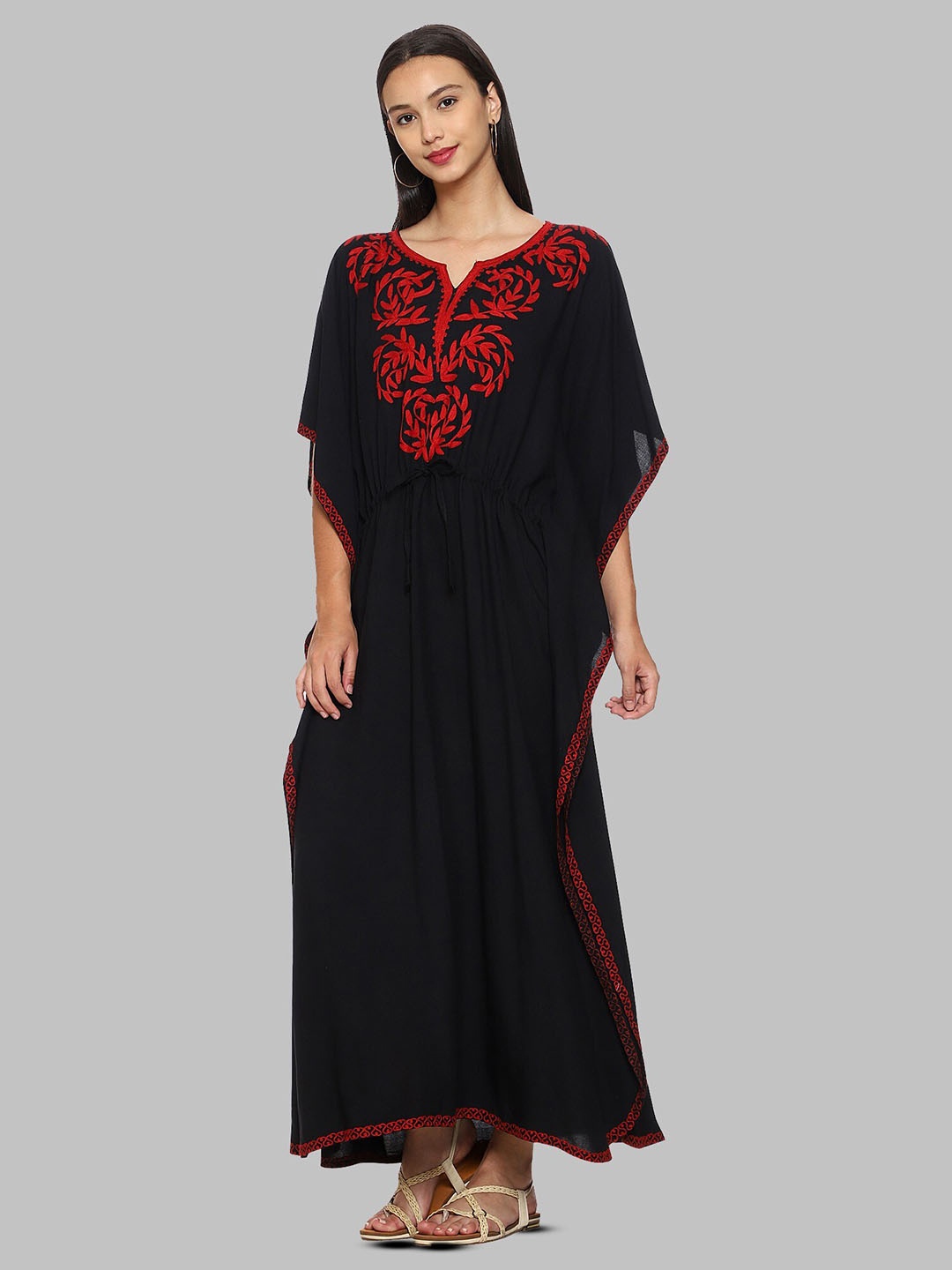 

CRAFTBAZAR Floral Embroidered Notched Neck Slit Sleeve Maxi Dress, Black