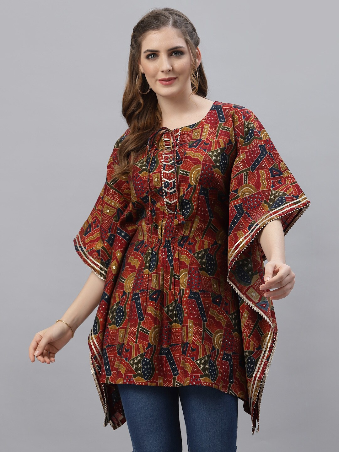 

TANKHI Tie-Up Neck Print Kimono Sleeve Kaftan Top, Red