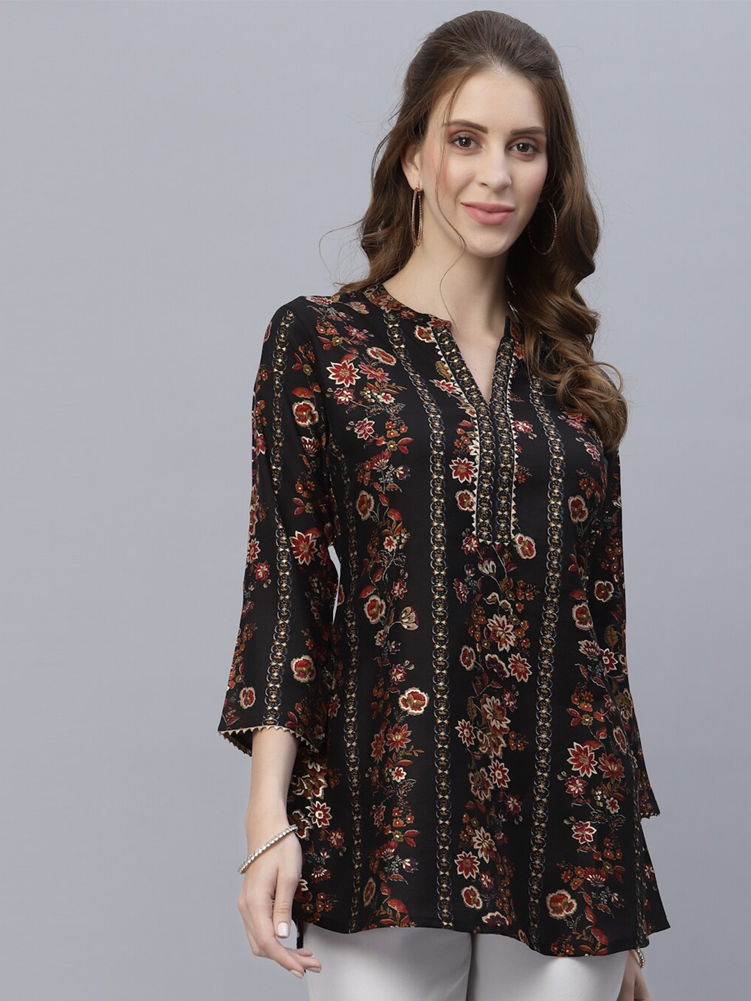 

TANKHI Floral Printed Mandarin Collar Top, Black