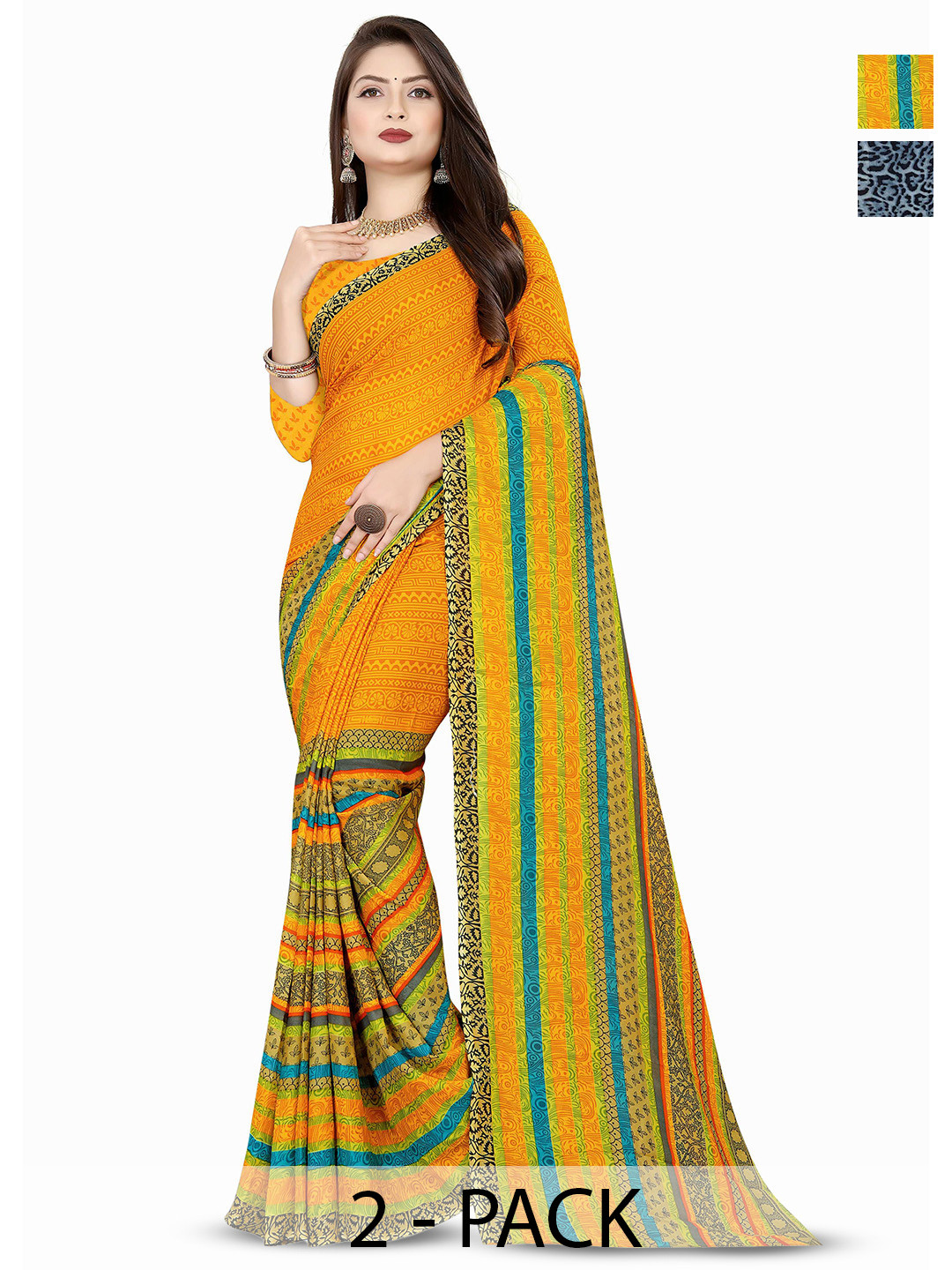 

ANAND SAREES Selection Of 2 Ethnic Motifs Printed Saree, Black