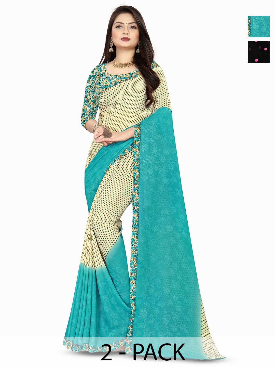 

ANAND SAREES Pack Of 2 Poly Georgette Half and Half Saree With Blouse Piece, Pink