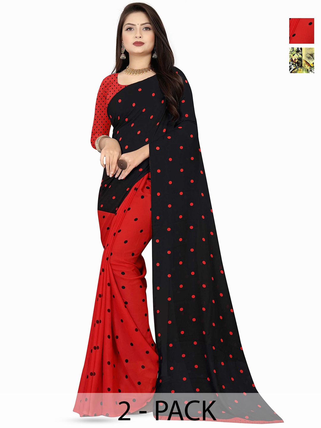 

ANAND SAREES Selection of 2 Polka Dots Printed Saree, Red