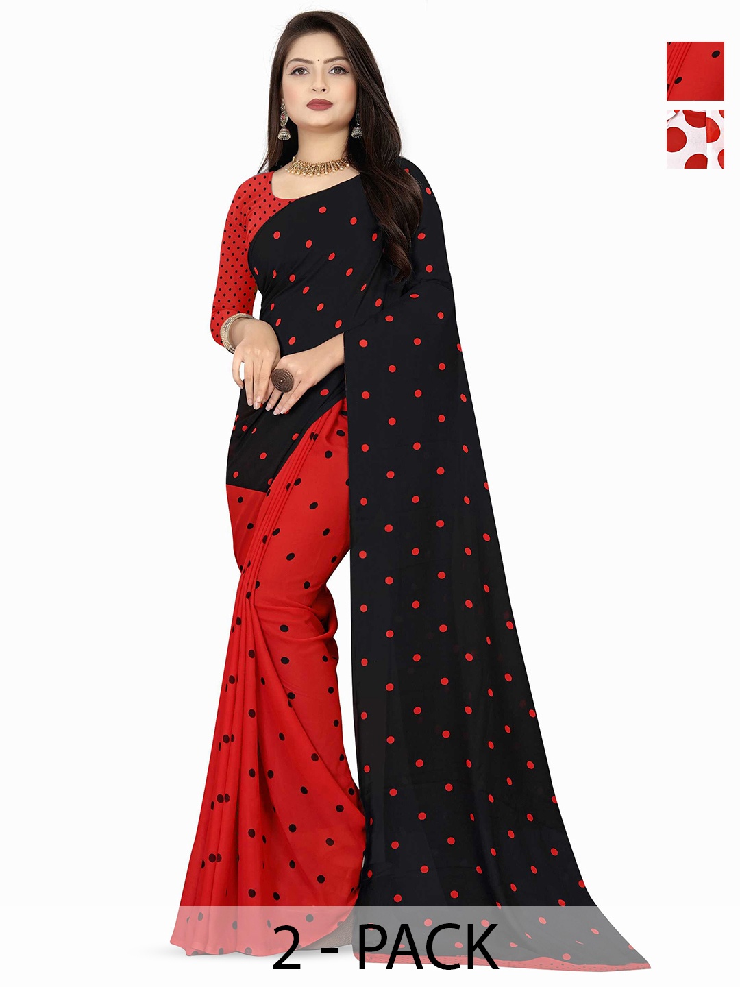 

ANAND SAREES Selection Of 2 Polka Dots Printed Sarees, White