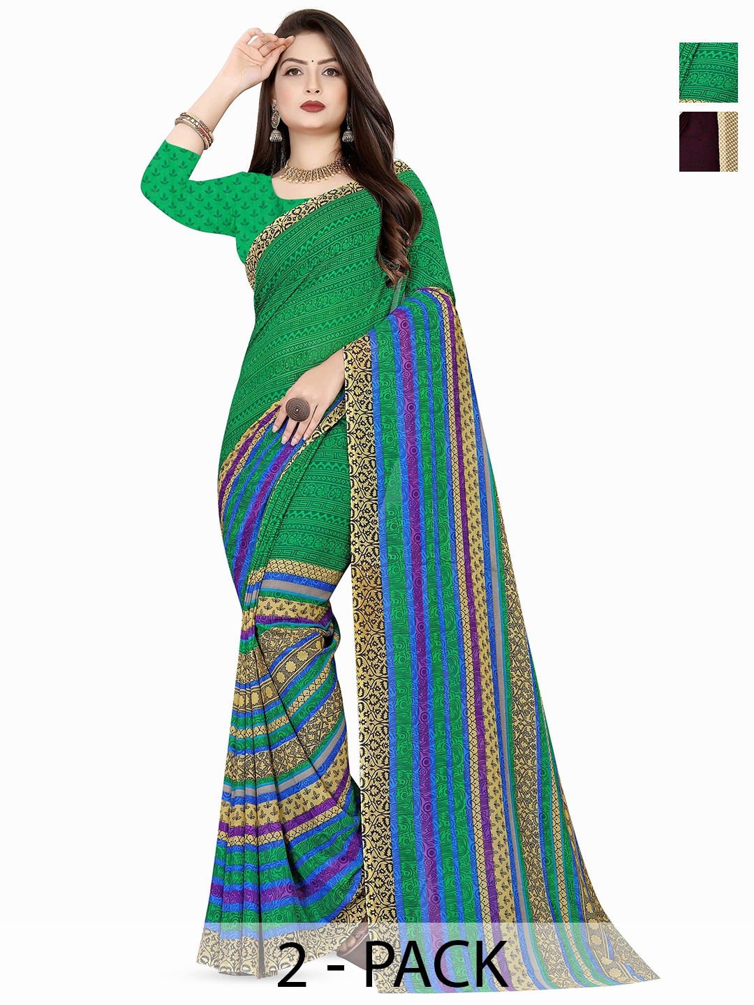 

ANAND SAREES Selection Of 2 Floral Printed Saree, Green