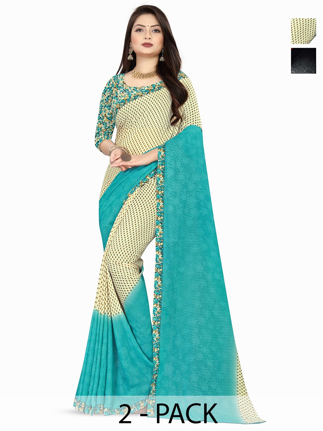 

ANAND SAREES Selection of 2 Floral Printed Sarees, Cream