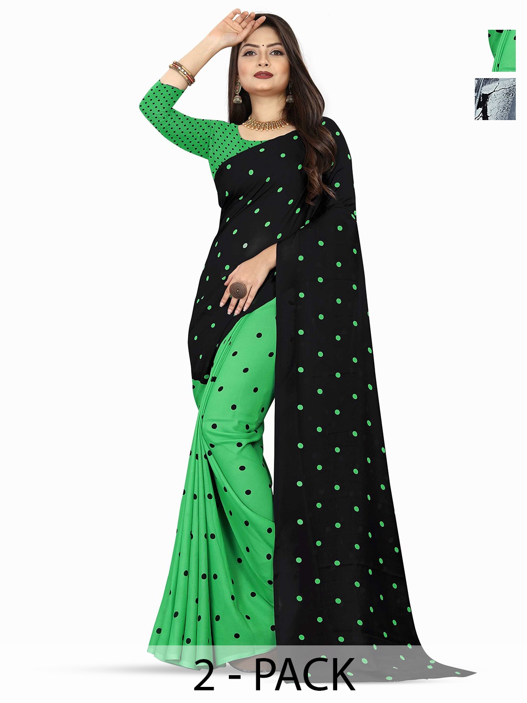 

ANAND SAREES Polka Dots Saree Pack of 2, Black