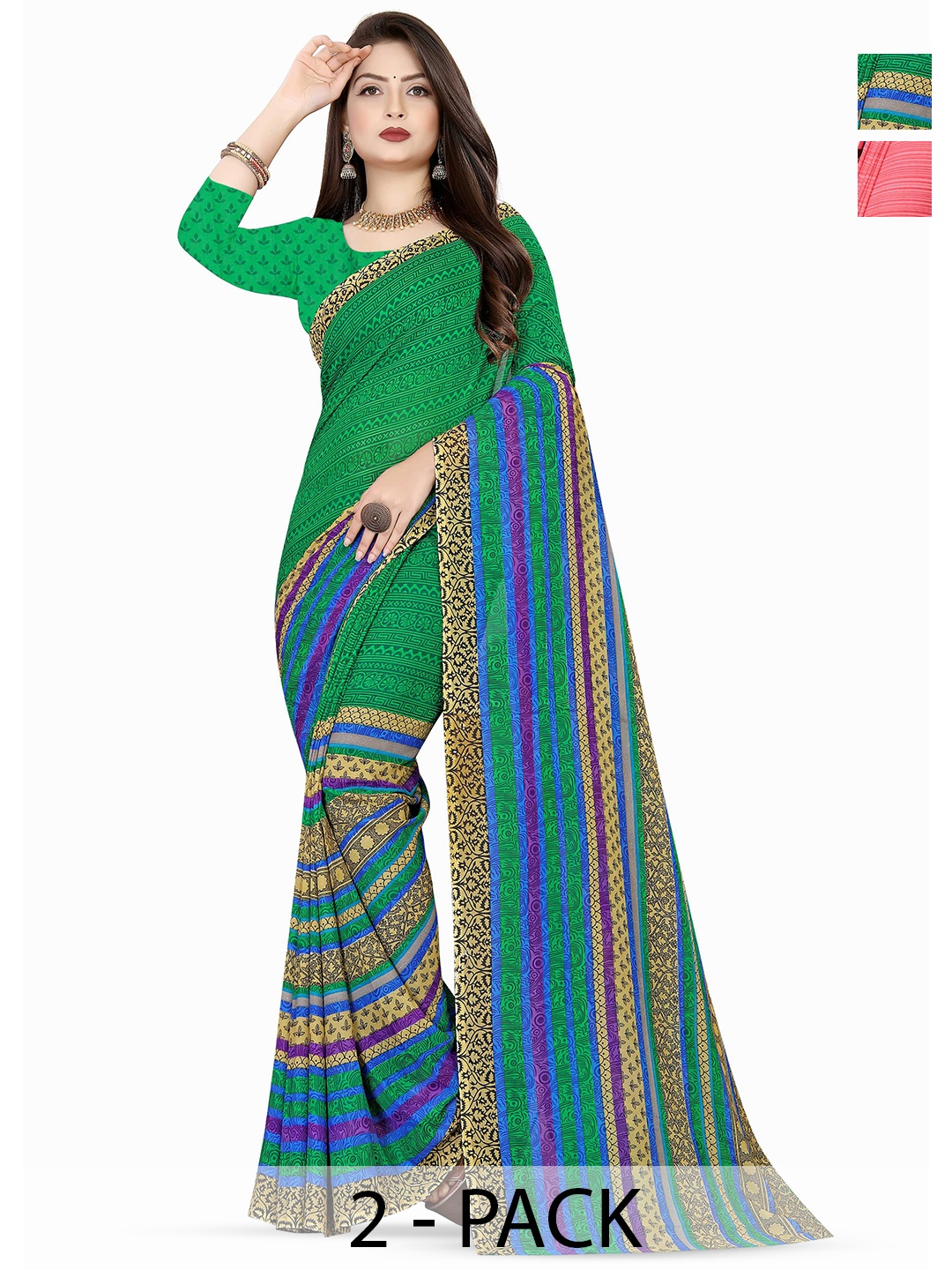 

ANAND SAREES Poly Georgette Saree Pack of 2, Green