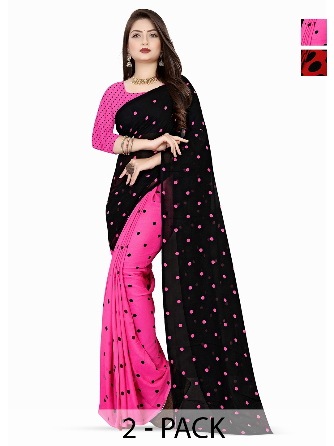 

ANAND SAREES Pack of 2 Polka Dot Printed Sarees, Pink