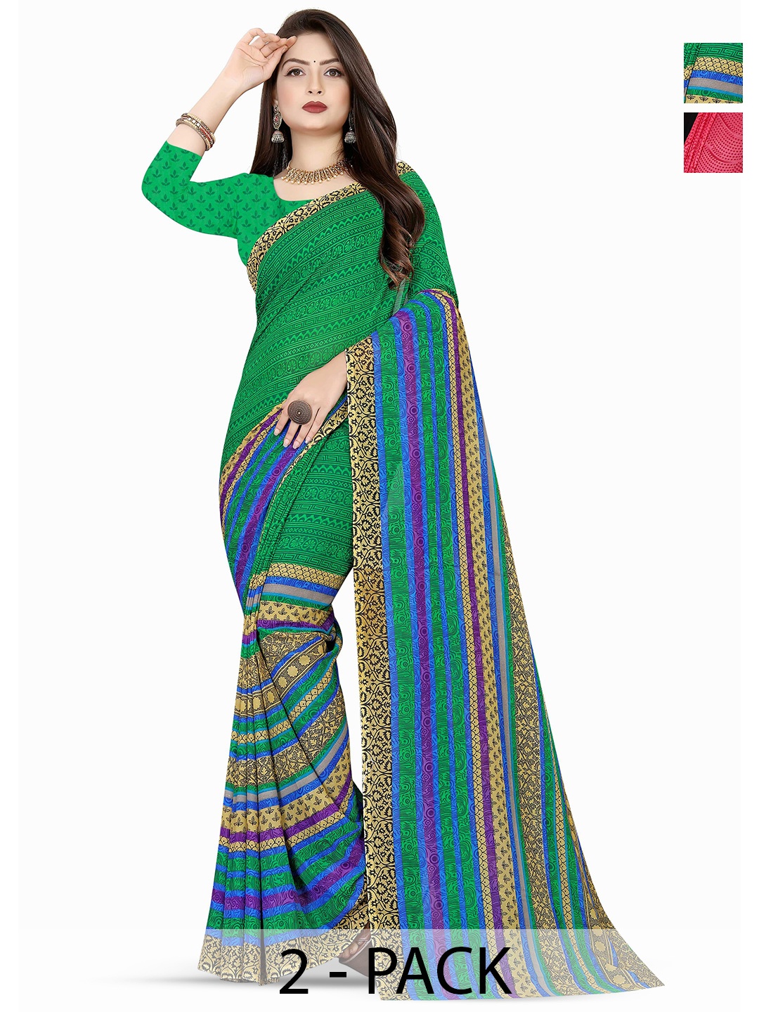 

ANAND SAREES Selection Of 2 Ethnic Motifs Printed Sarees, Black
