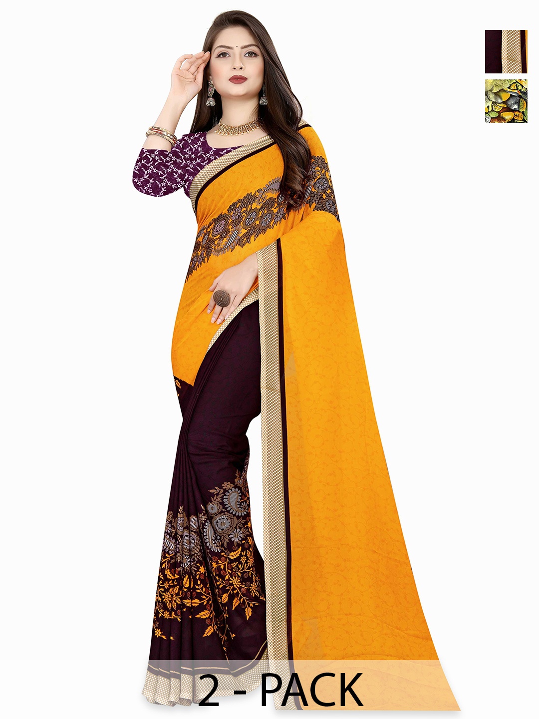 

ANAND SAREES Selection Of 2 Floral Printed Sarees, Yellow