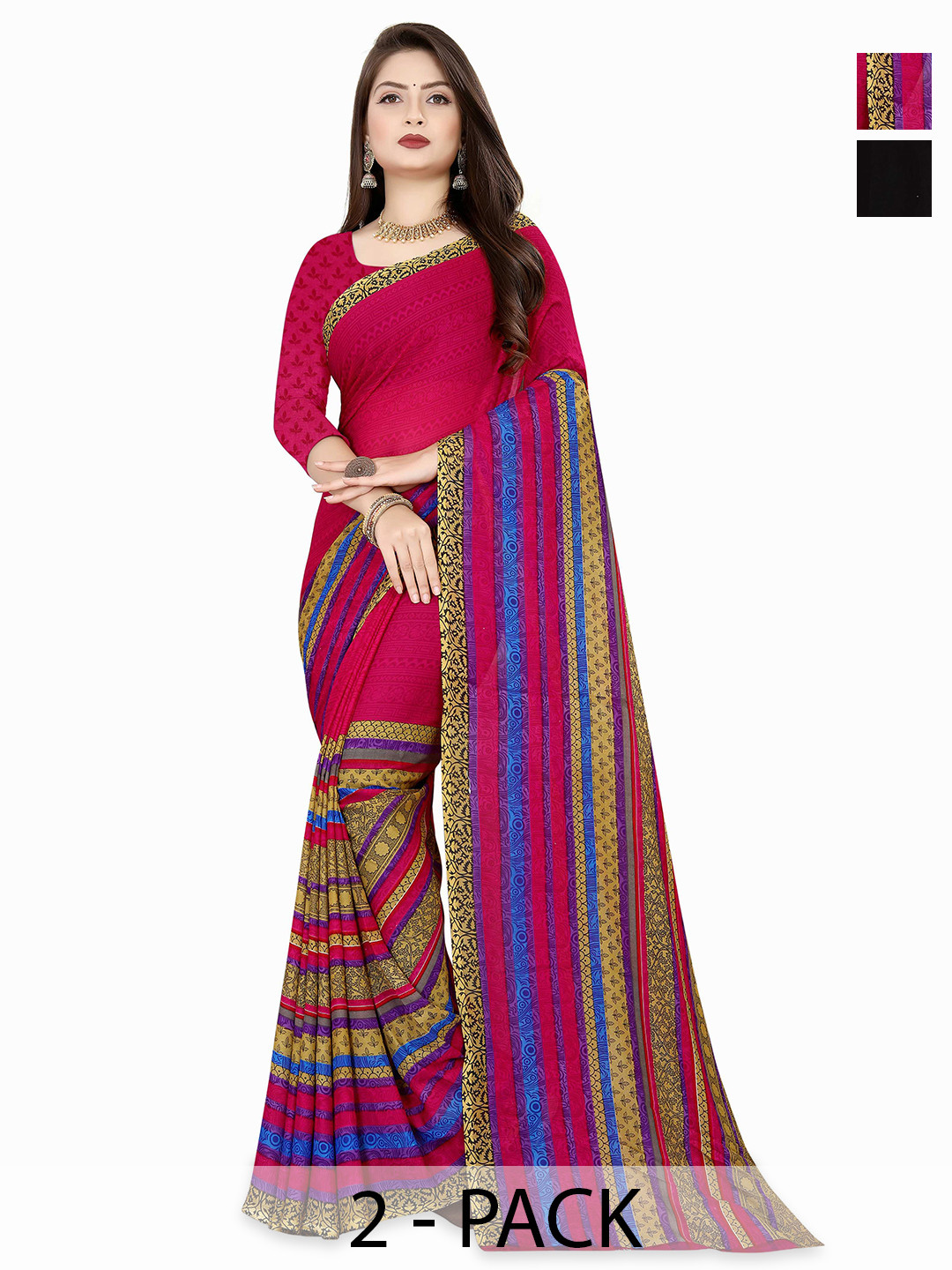 

ANAND SAREES Selection of 2 Geometric Printed Sarees, Red
