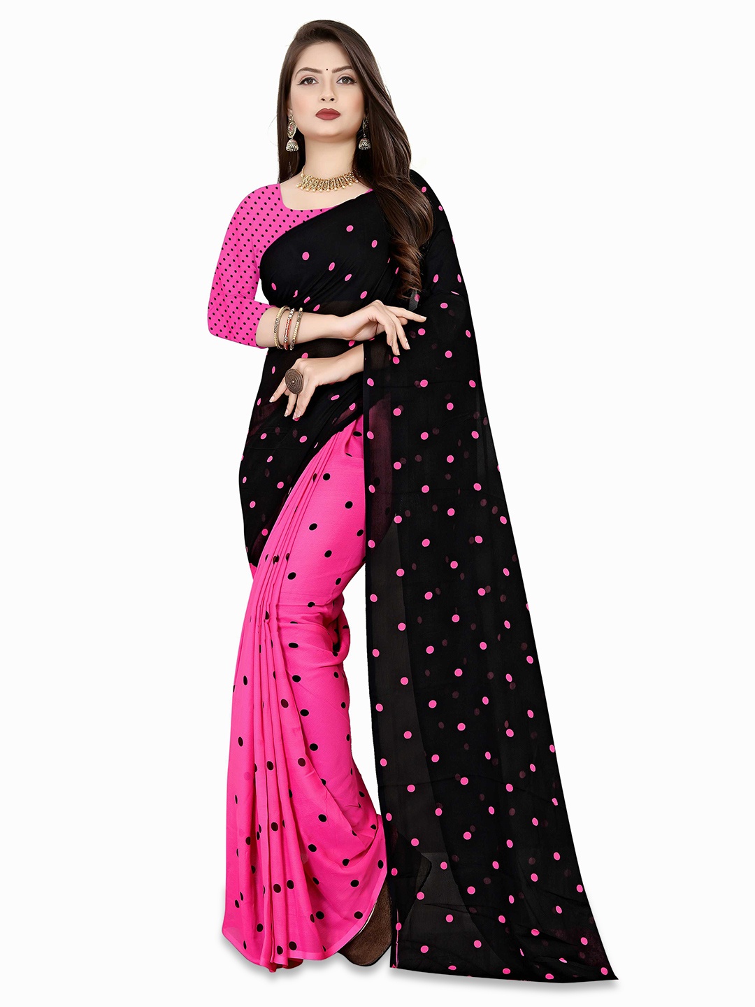 

ANAND SAREES Selection Of 2 Polka Dots Printed Sarees, Red