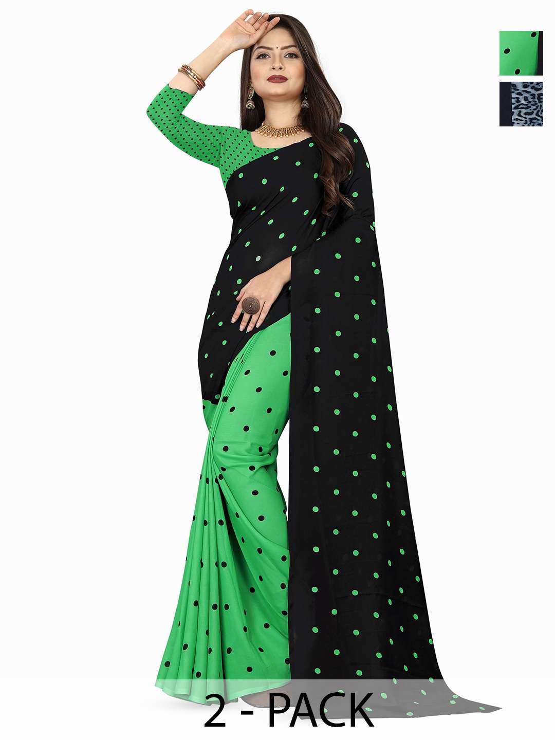 

ANAND SAREES Polka Dot Poly Georgette Half and Half Saree Pack of 2, Green