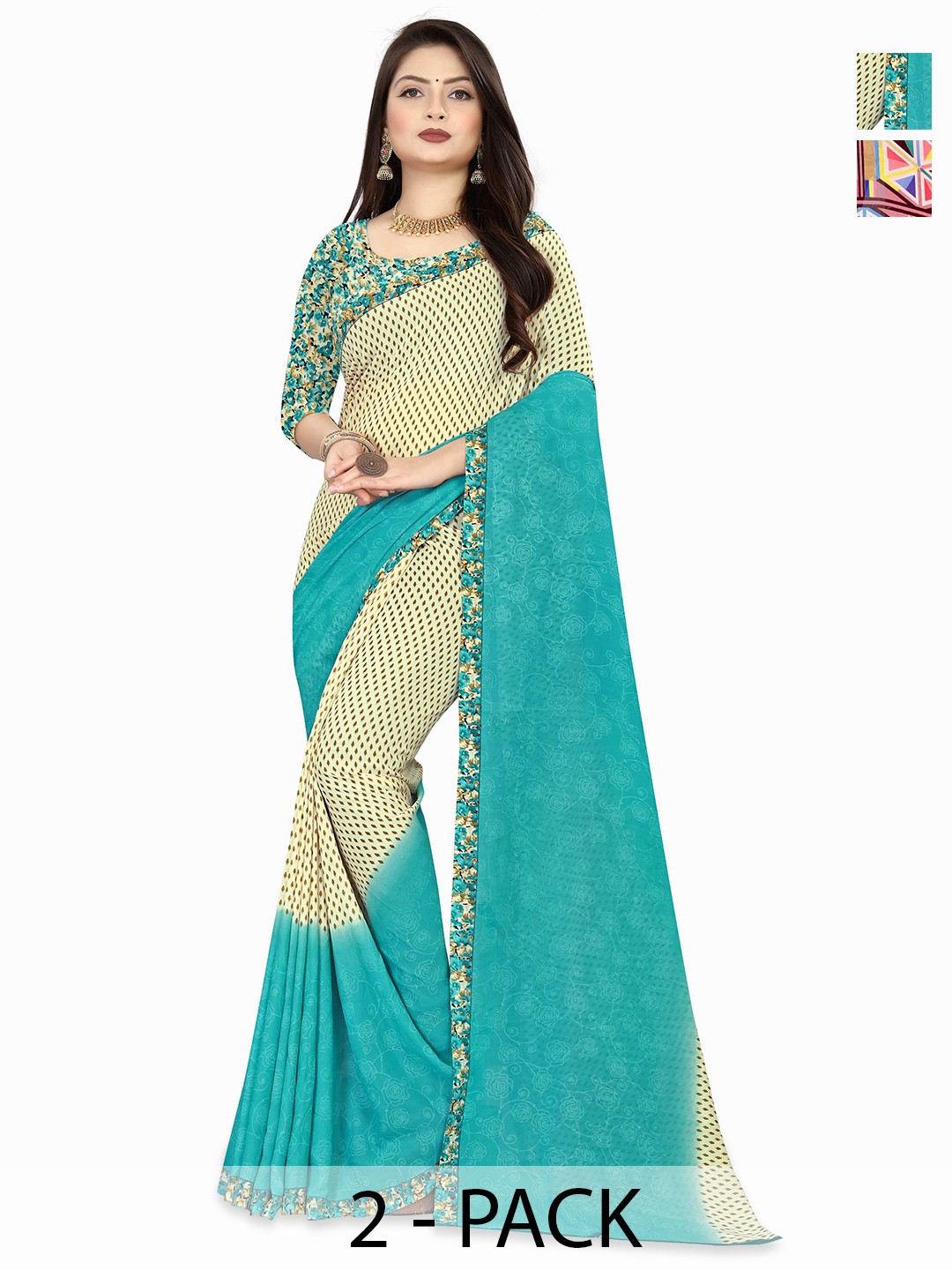 

ANAND SAREES Floral Poly Georgette Saree Pack of 2, Green