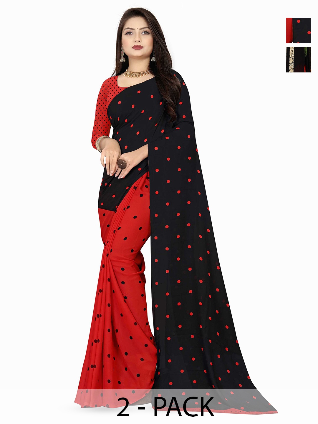 

ANAND SAREES Selection Of 2 Polka Dot Printed Sarees, Red