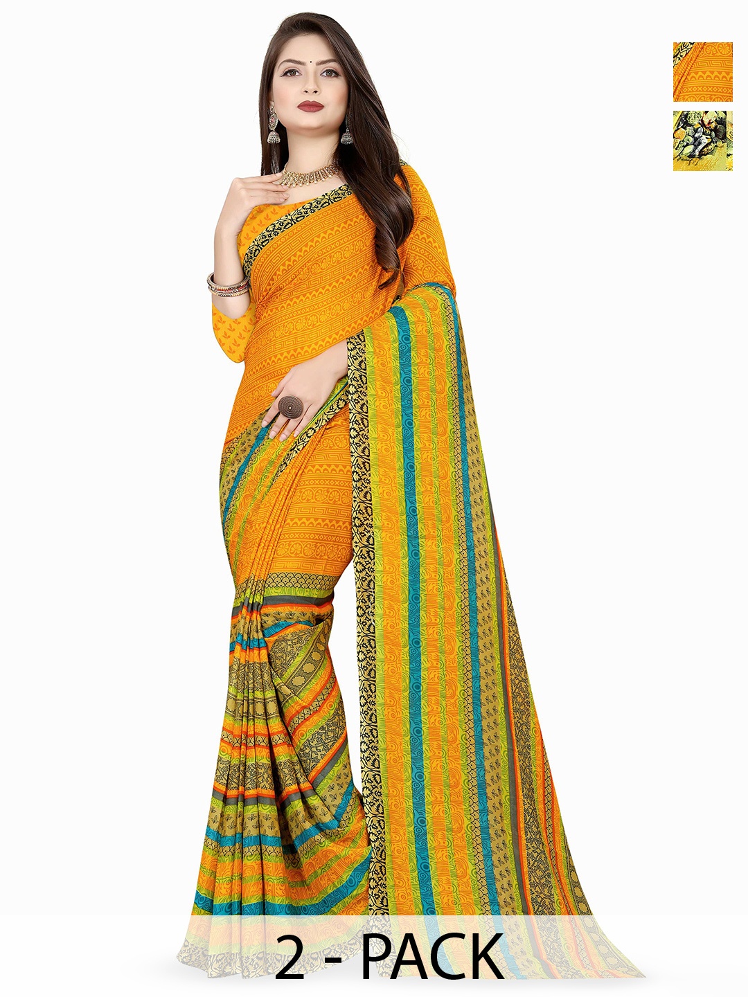 

ANAND SAREES Selection Of 2 Printed Saree, Yellow