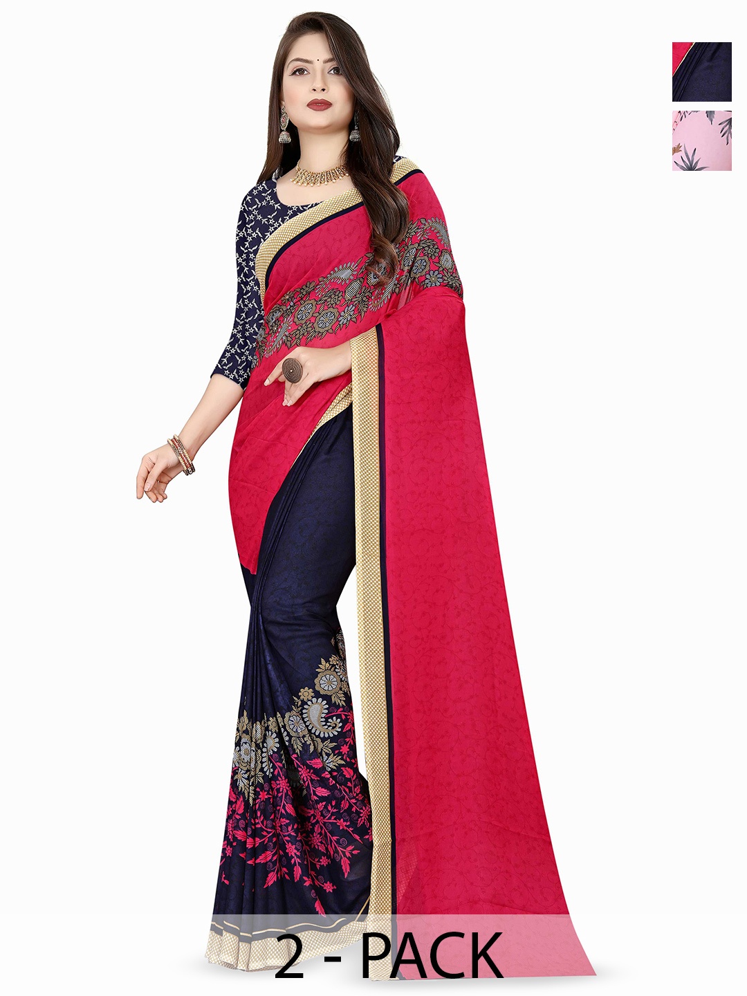 

ANAND SAREES Floral Poly Georgette Saree Pack of 2, Pink