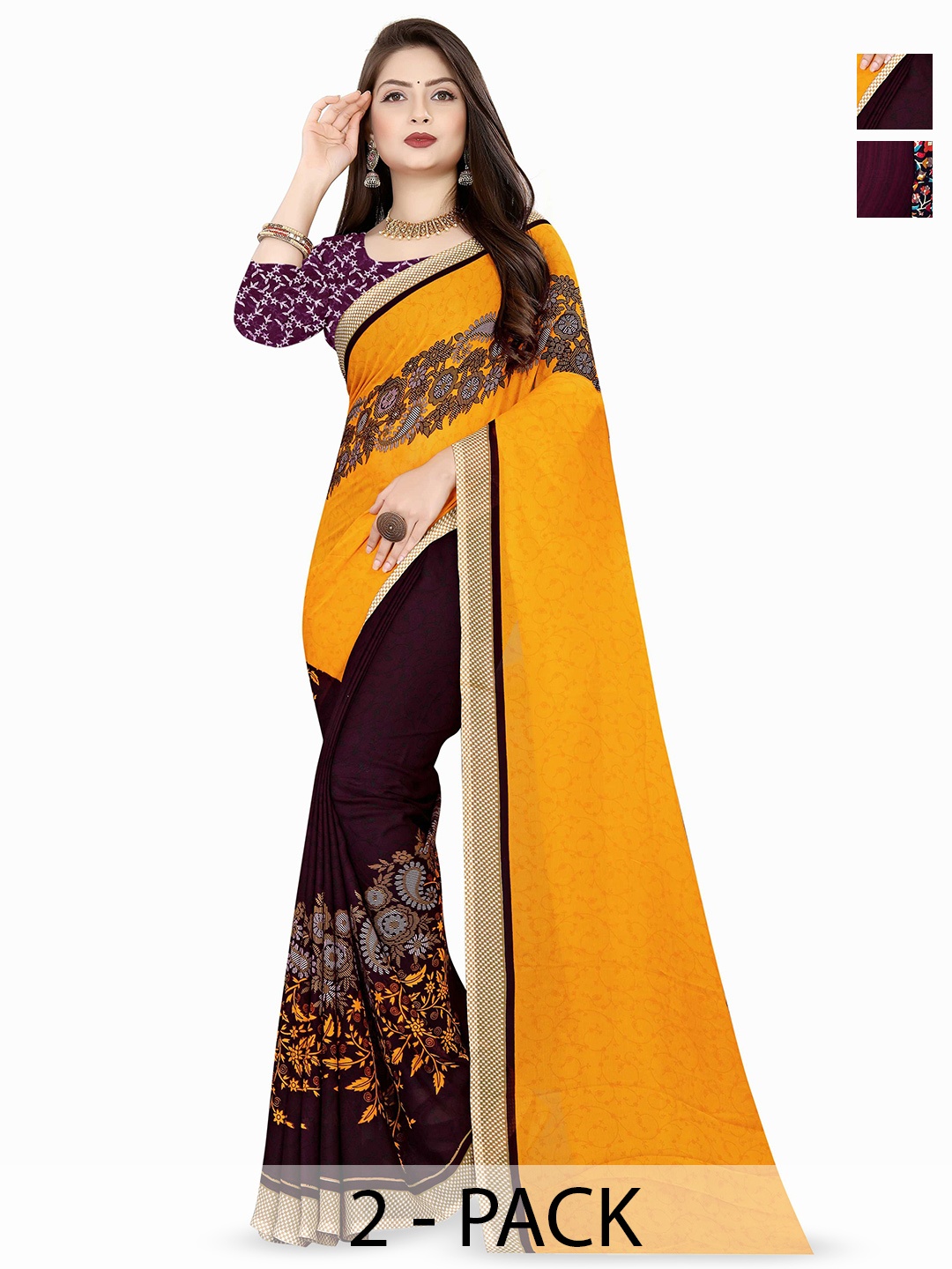 

ANAND SAREES Selection Of 2 Floral Printed Sarees, Yellow