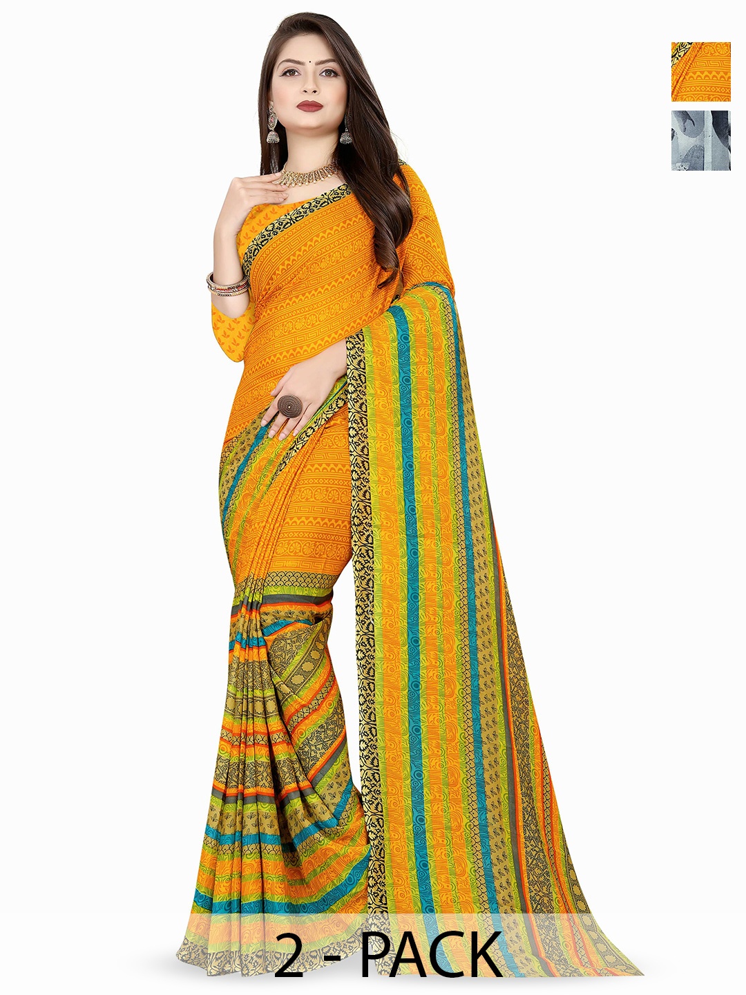 

ANAND SAREES Poly Georgette Saree Pack of 2, Yellow