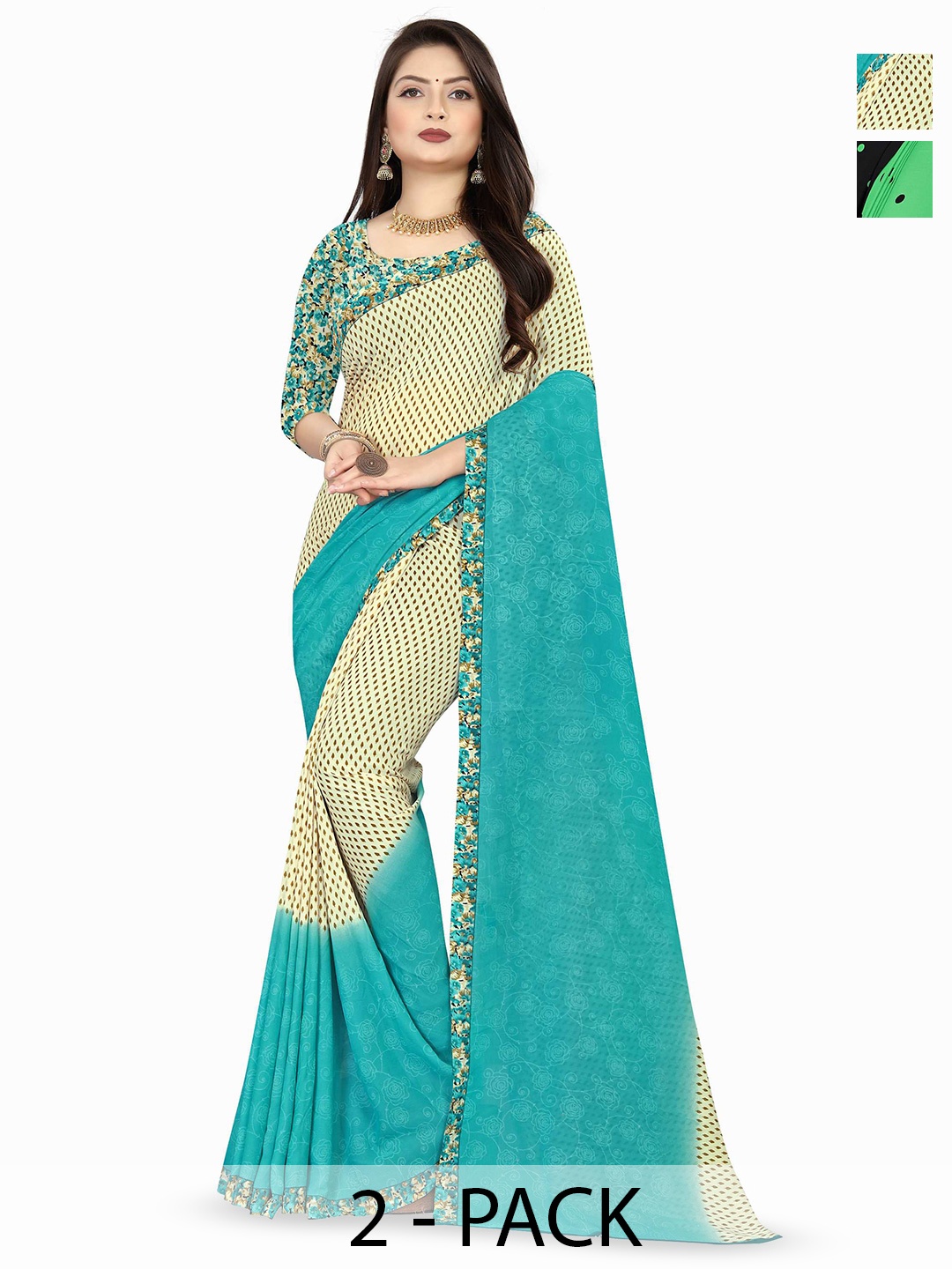 

ANAND SAREES Selection Of 2 Floral Printed Saree, Green