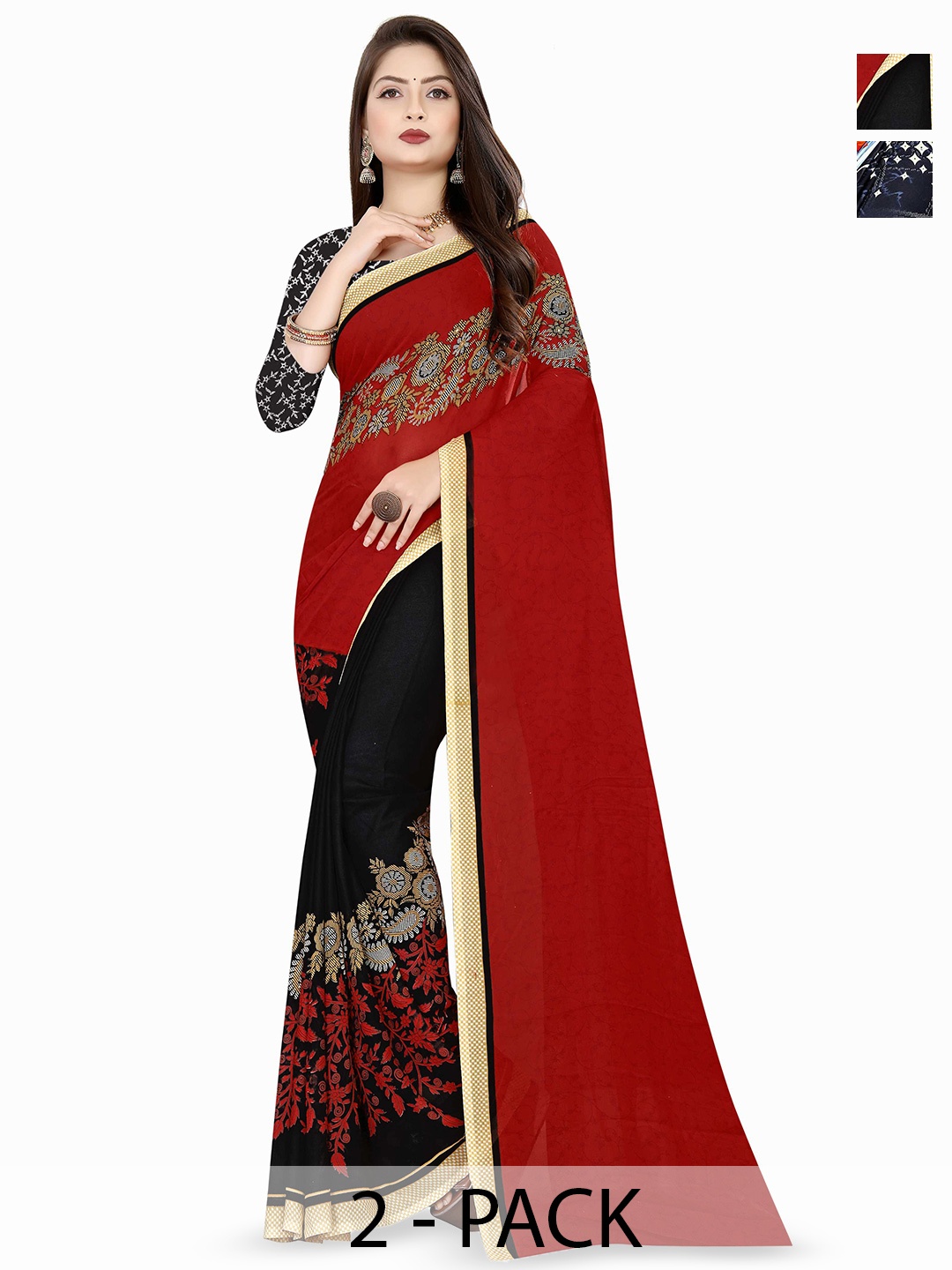 

ANAND SAREES Floral Poly Georgette Saree Pack of 2, Red