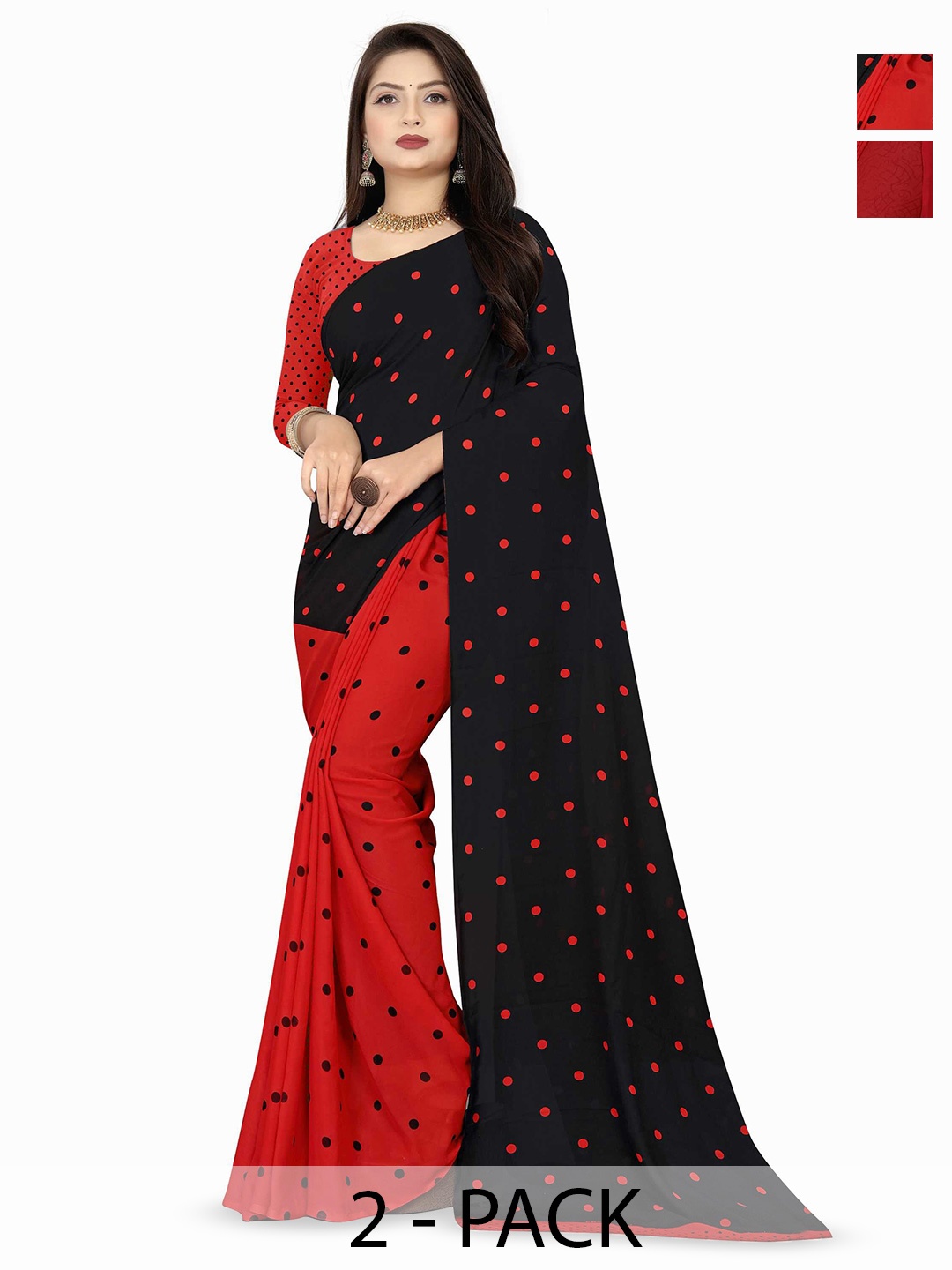 

ANAND SAREES Selection Of 2 Polka Dots Printed Saree, Black