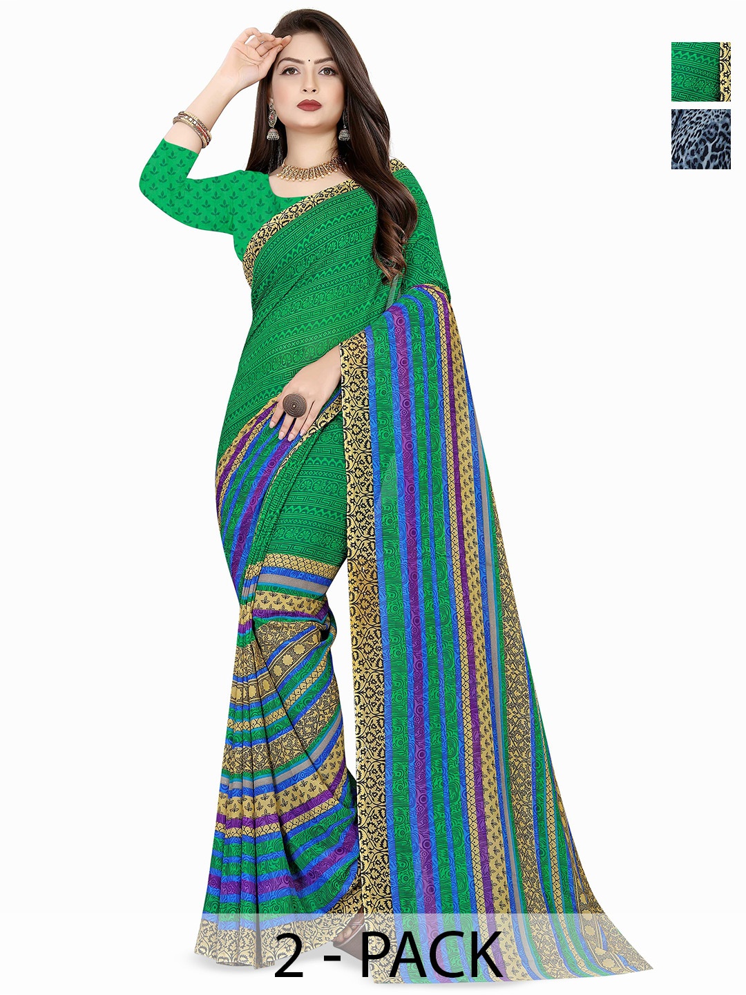 

ANAND SAREES Pack Of 2 Floral Printed Sarees, Green
