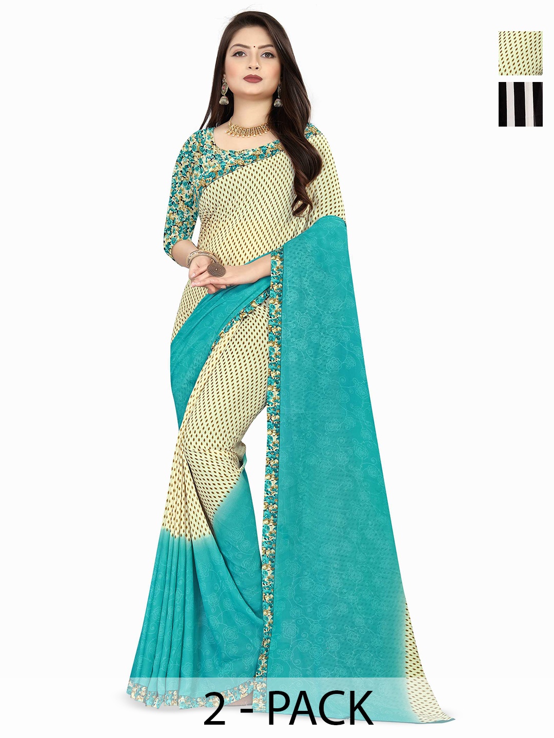 

ANAND SAREES Pack Of 2 Striped Saree, Black