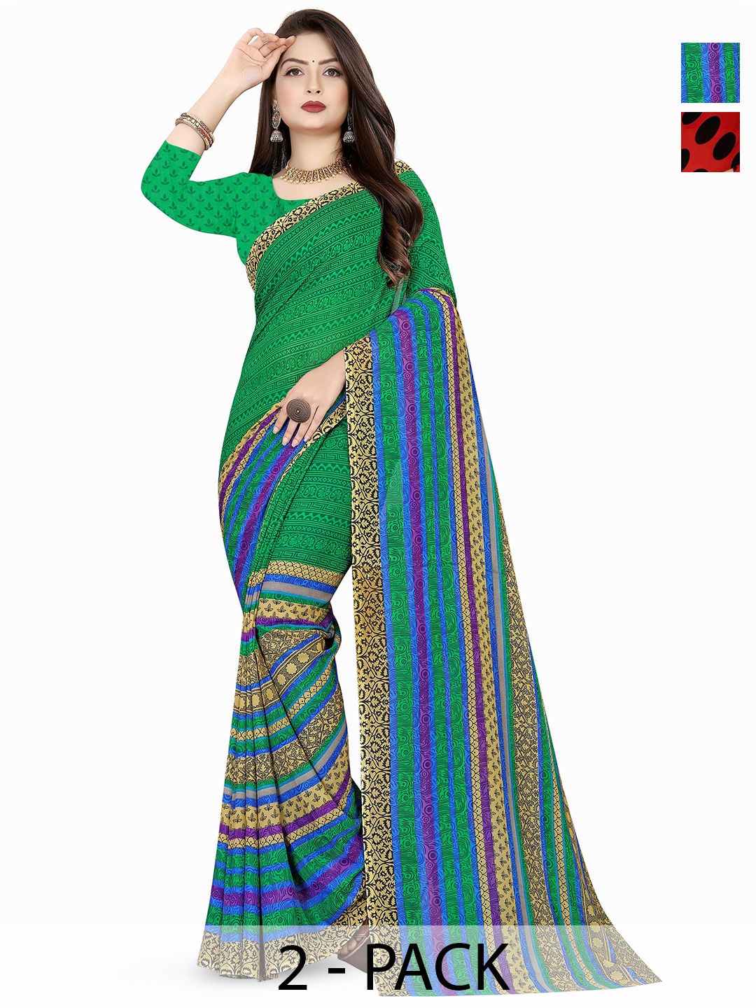 

ANAND SAREES Selection Of 2 Polka Dot Printed Saree, Red