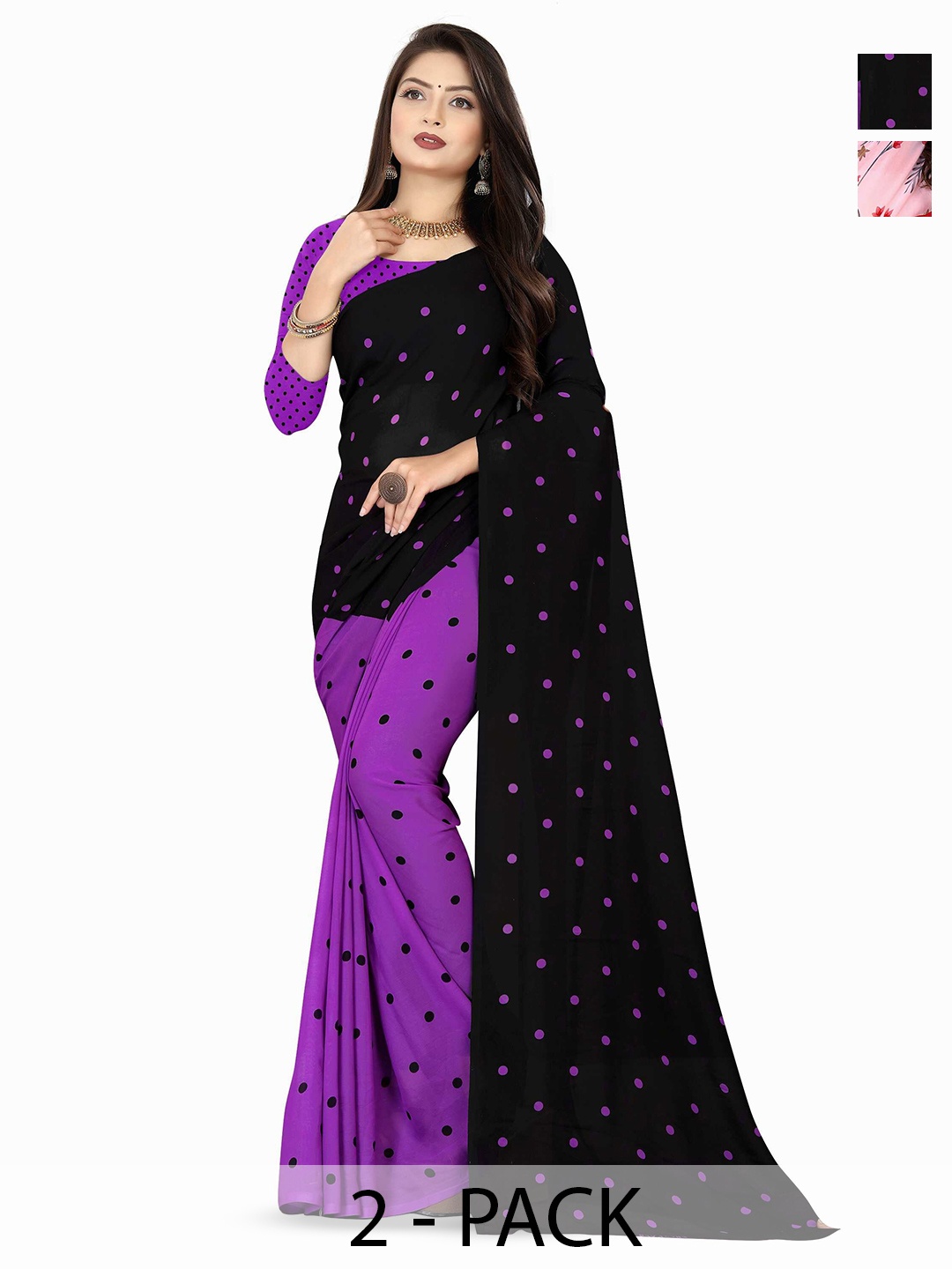 

ANAND SAREES Selection Of 2 Polka Dots Printed Saree, Pink