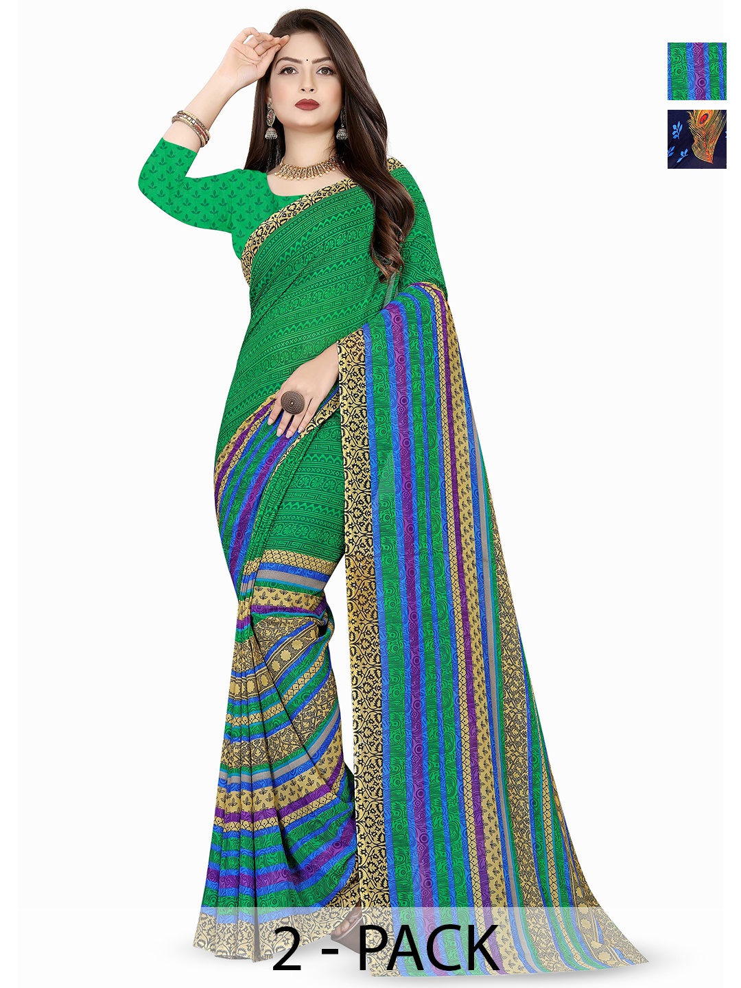 

ANAND SAREES Selection Of 2 Ethnic Motifs Printed Saree, Green