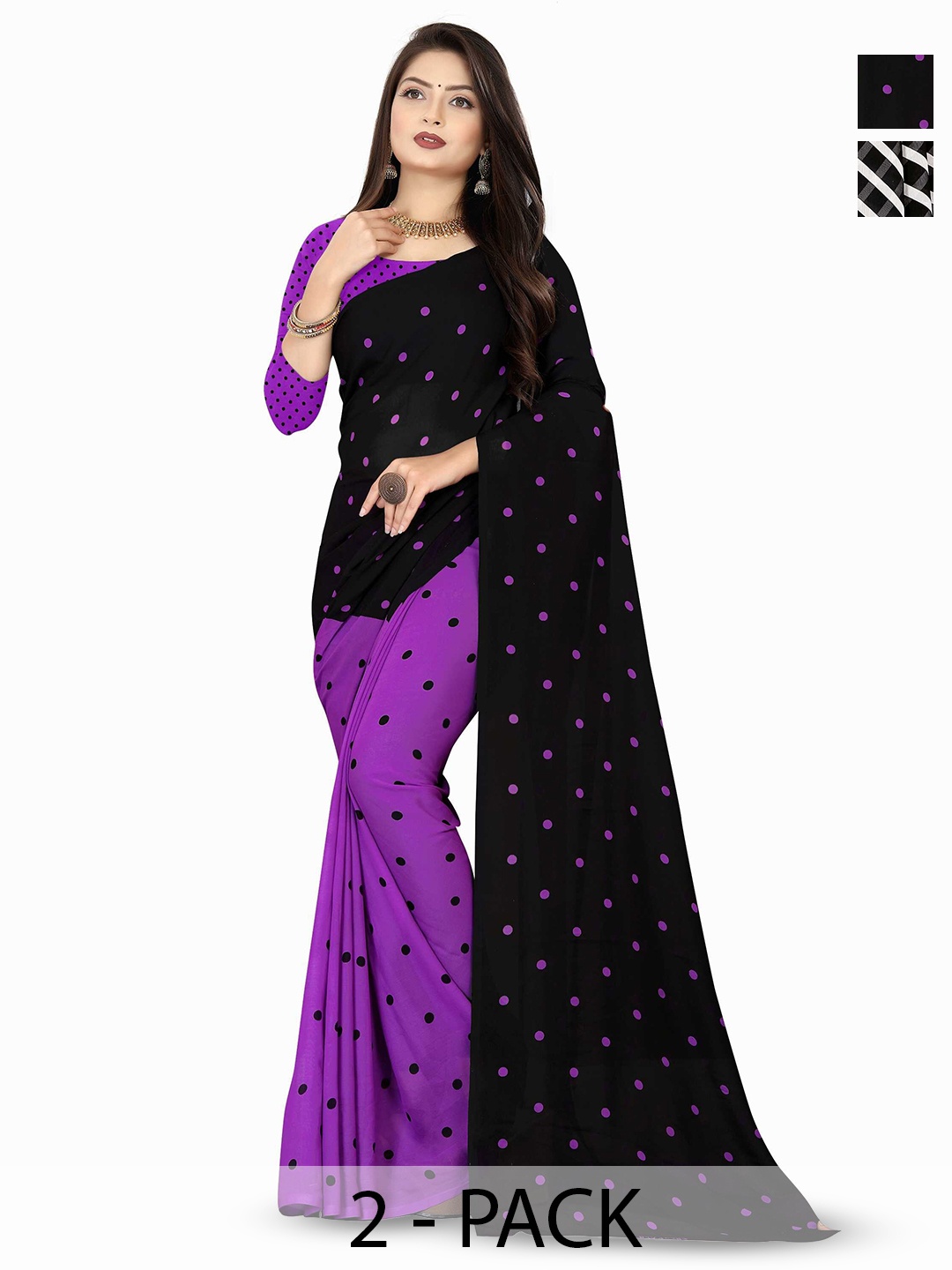 

ANAND SAREES Selection Of 2 Polka Dots Printed Sarees, Black