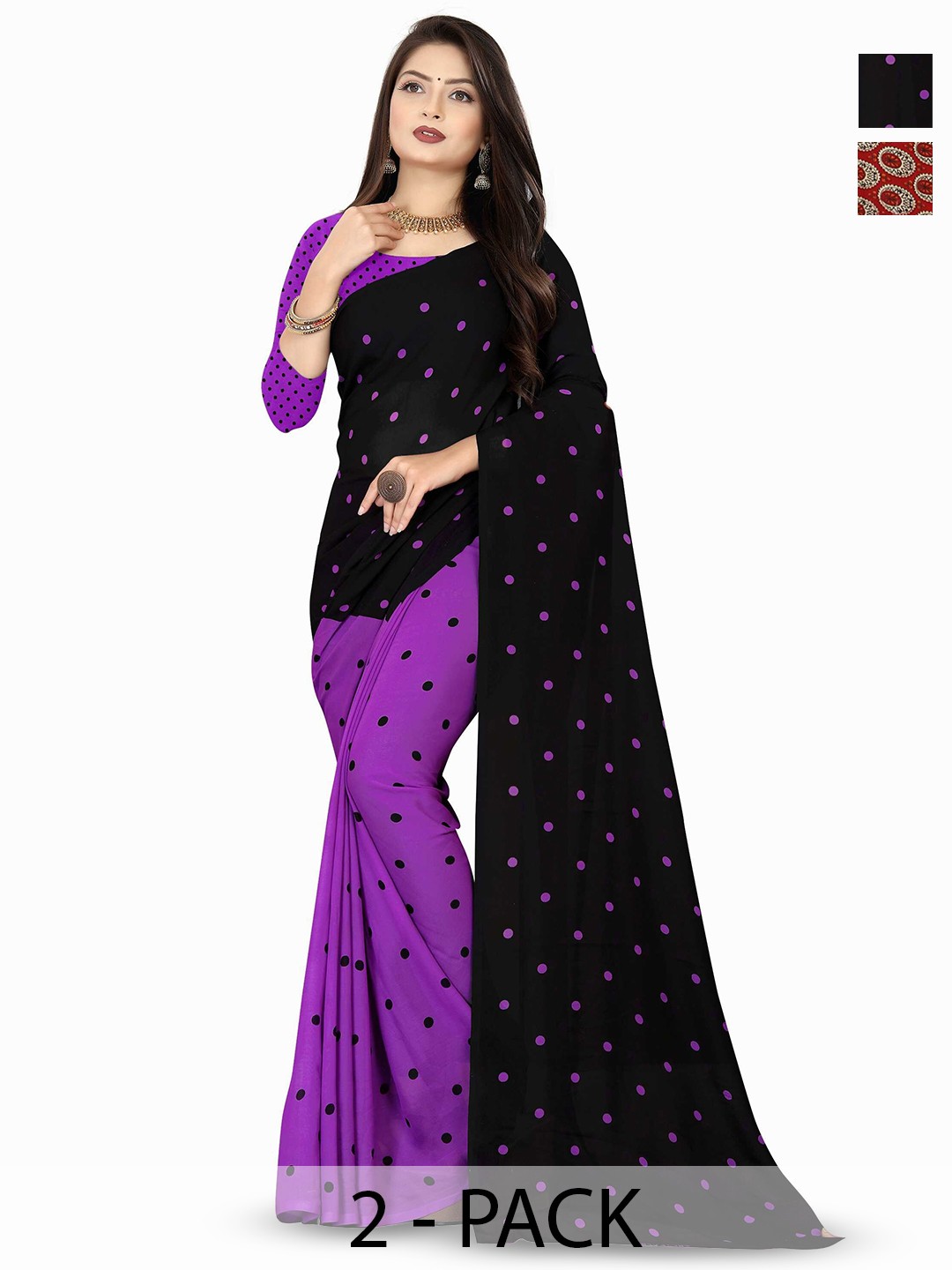 

ANAND SAREES Poly Georgette Saree Pack of 2, Red