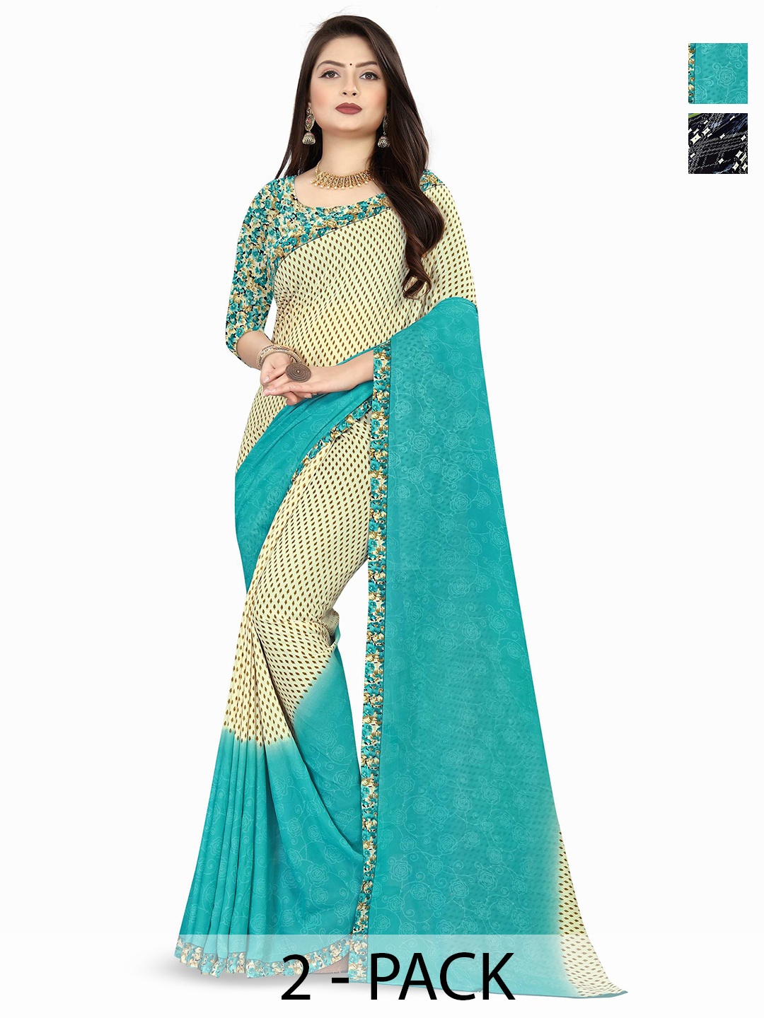 

ANAND SAREES Selection of 2 Floral Printed Sarees, Blue