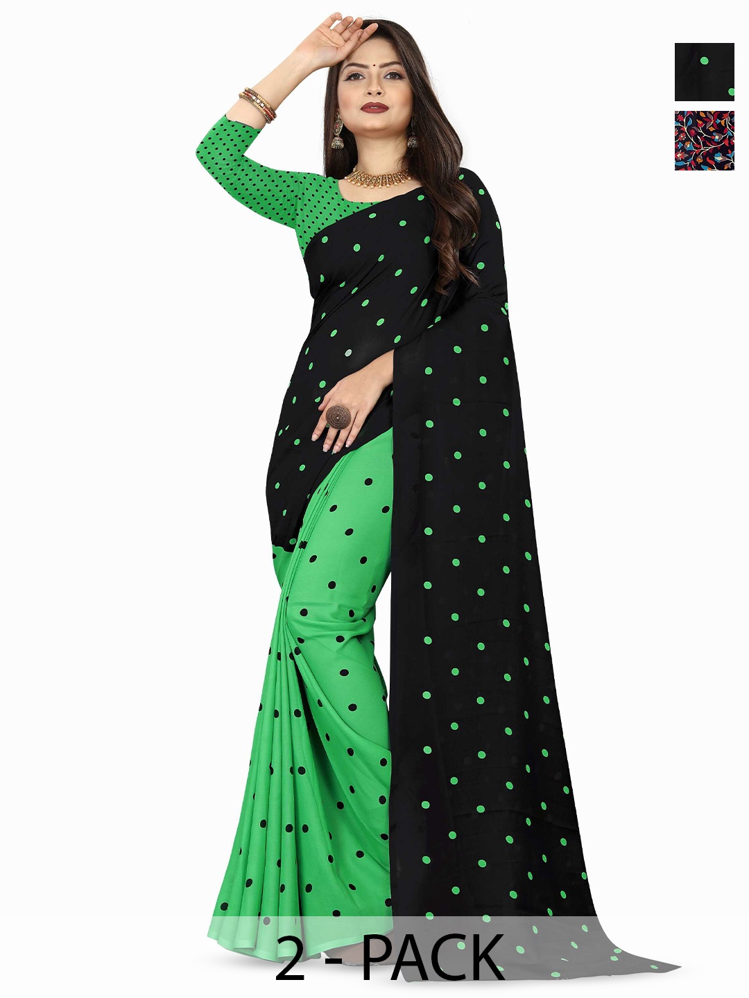 

ANAND SAREES Polka Dot Poly Georgette Saree Pack of 2, Black