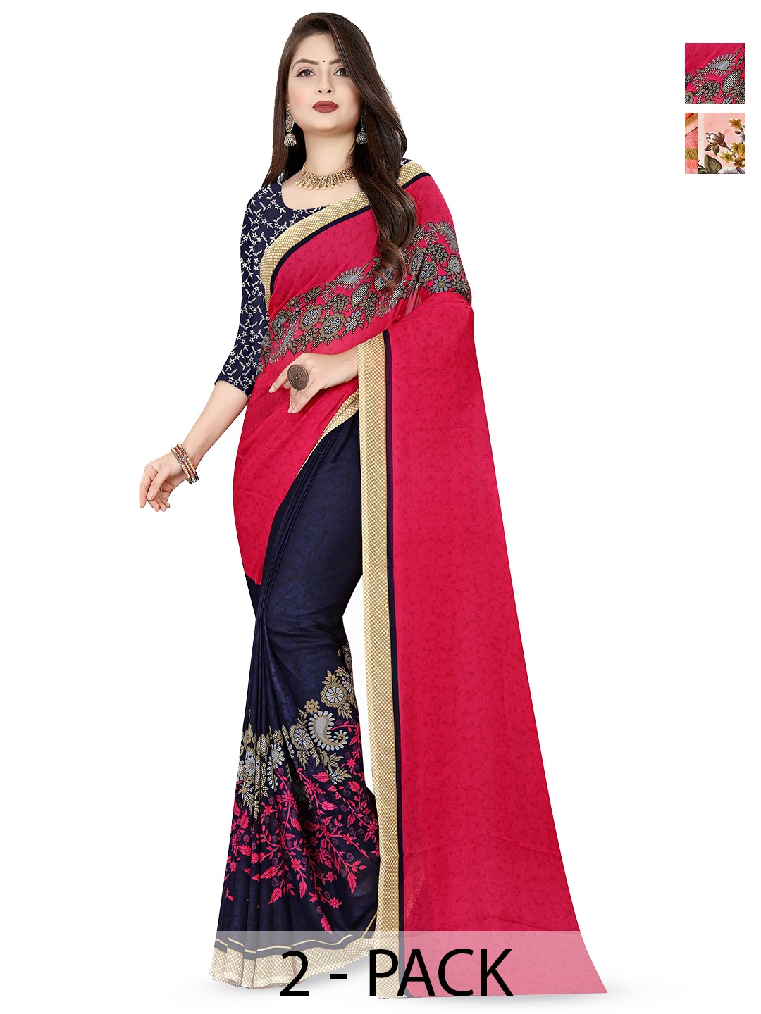 

ANAND SAREES Floral Poly Georgette Saree Pack of 2, Peach