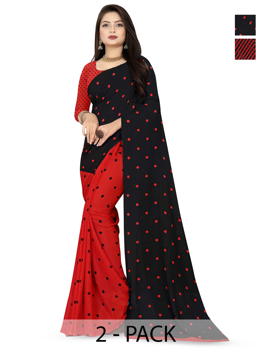 

ANAND SAREES Selection Of 2 Polka Dot Printed Saree, Black
